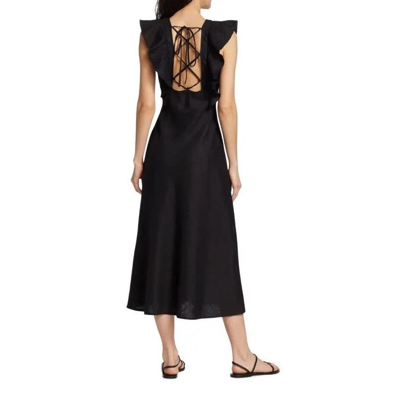 Rails Rails Constance Linen Midi Dress Black Ruffled V-Neck Back T Size M / US 6-8 / IT 42-44 - 3 Thumbnail