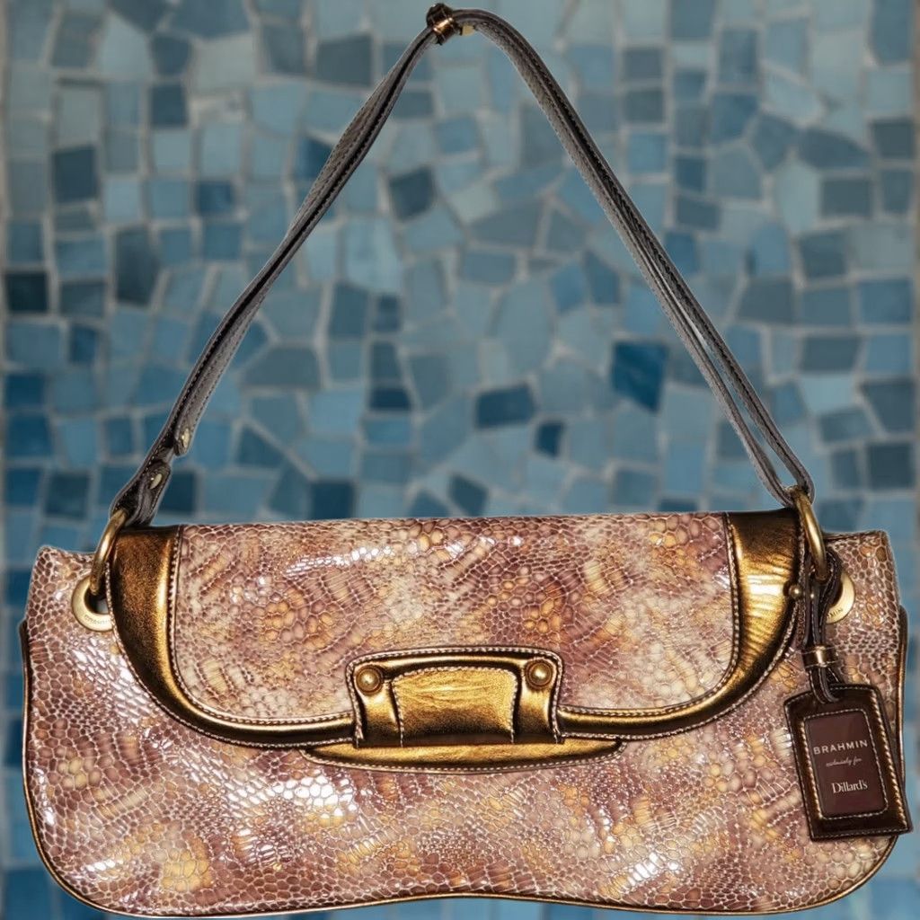 BRAHMIN VINTAGE Brahmin Simone Patent Python Wide Shoulder Bag Bronze Gold 814291BZ Dillard's Womens Bag 7 15 in Snake Rare Size ONE SIZE - 1 Thumbnail
