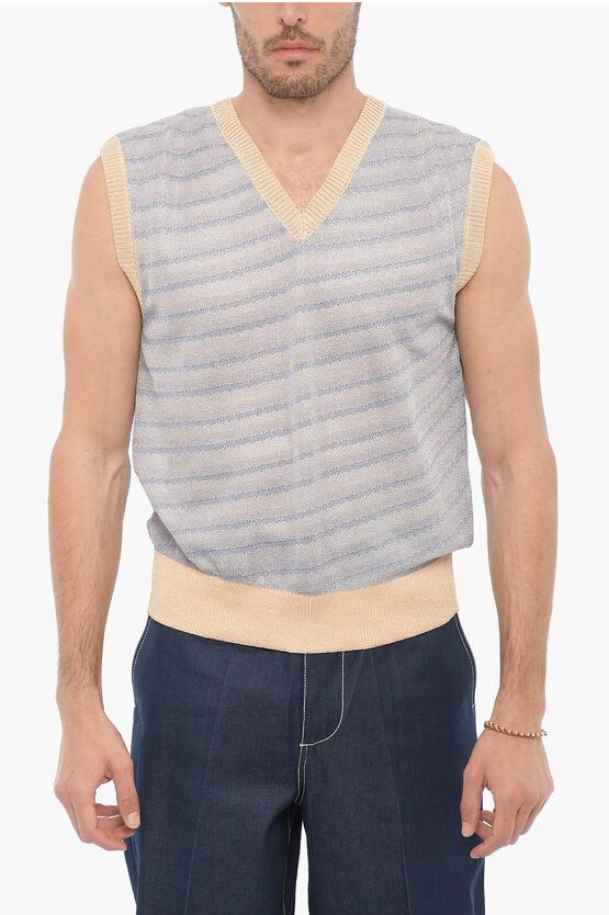 image of Our Legacy V-Neck Sleeveless Striped Sweater in Blue, Men's (Size Medium)