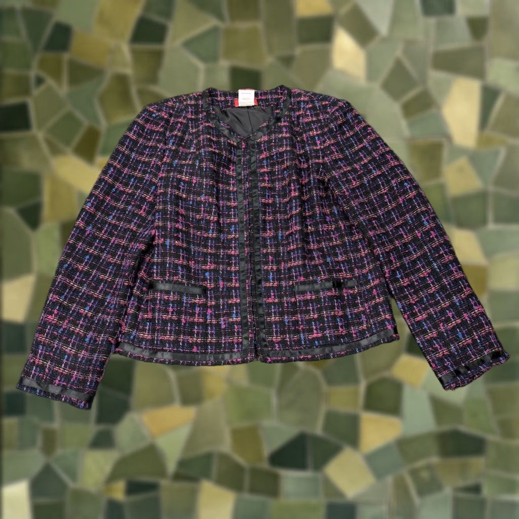 Vintage VINTAGE Oscar de la Renta Tweed Jacket Womens 10 Black Boucle Satin Trim Plaid 90s (Business, Casual) Womens Size L / US 10 / IT 46 - 1 Thumbnail