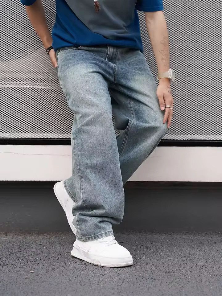 Other Streetwear Casual Light Blue Straight Baggy Jeans Retro Size US 37 - 2 Thumbnail