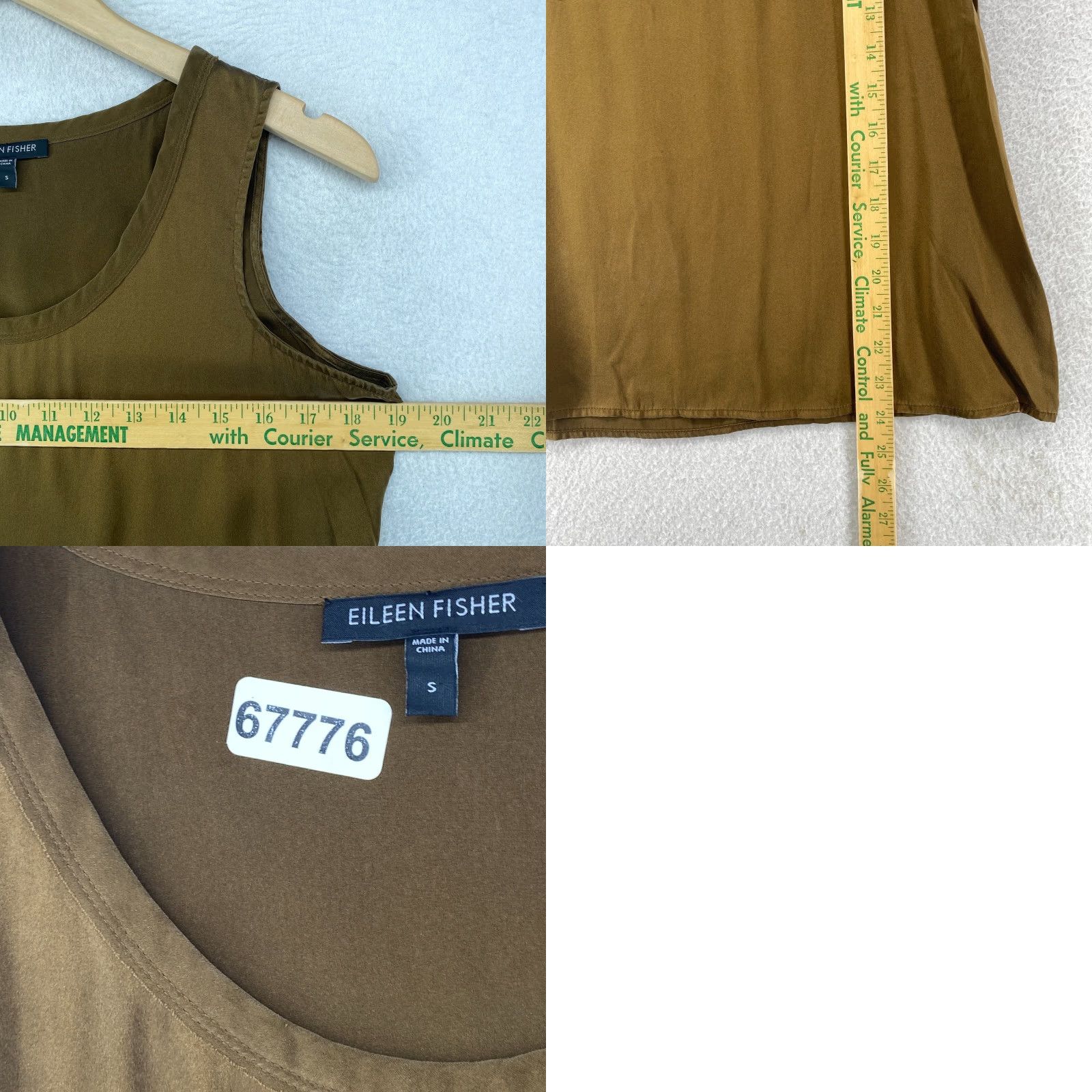 Eileen Fisher Tank Top S Silk Satin Sleeveless Green Casual Womens