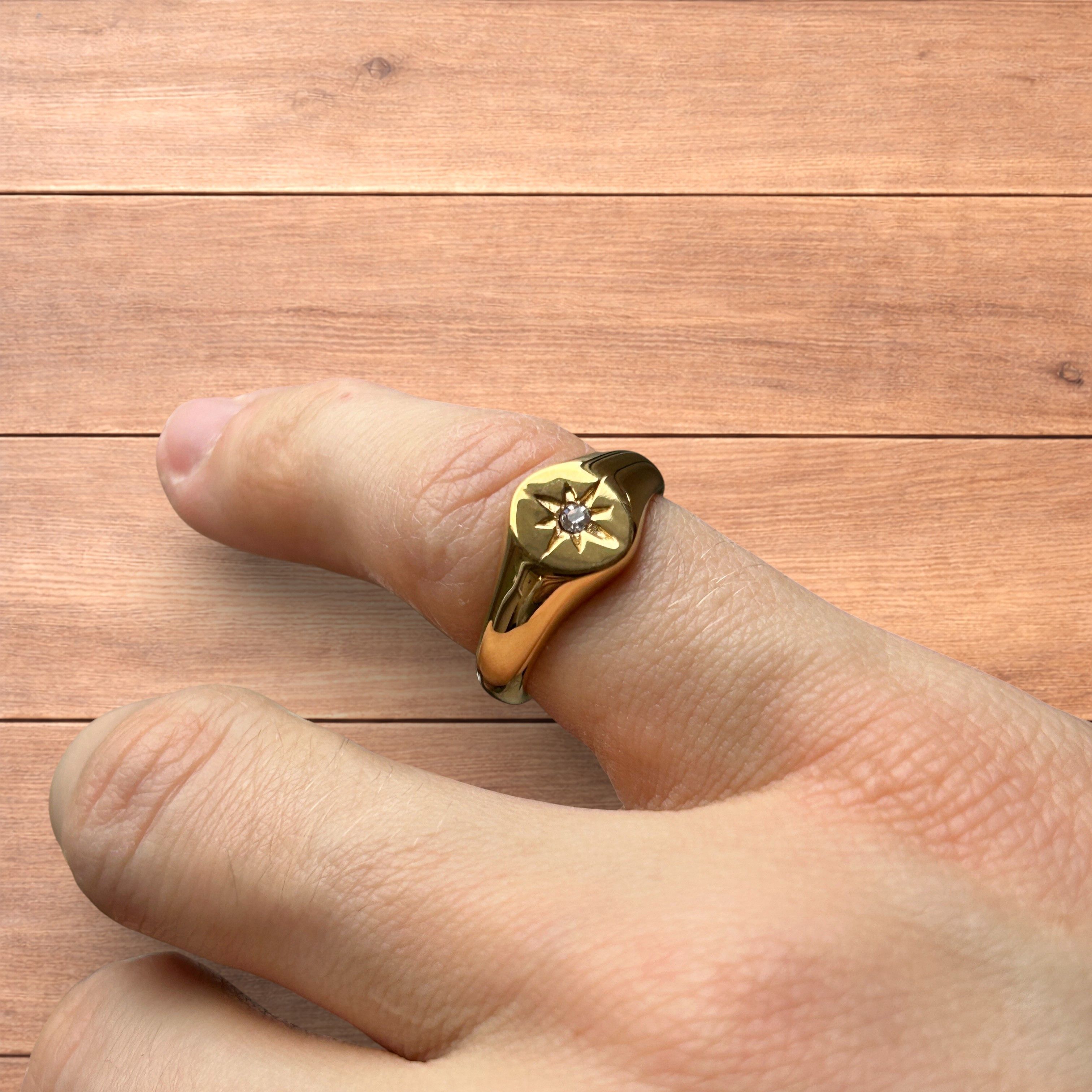 Japanese Brand Vintage style signet ring with diamond star detail in gold. Size ONE SIZE - 3 Thumbnail