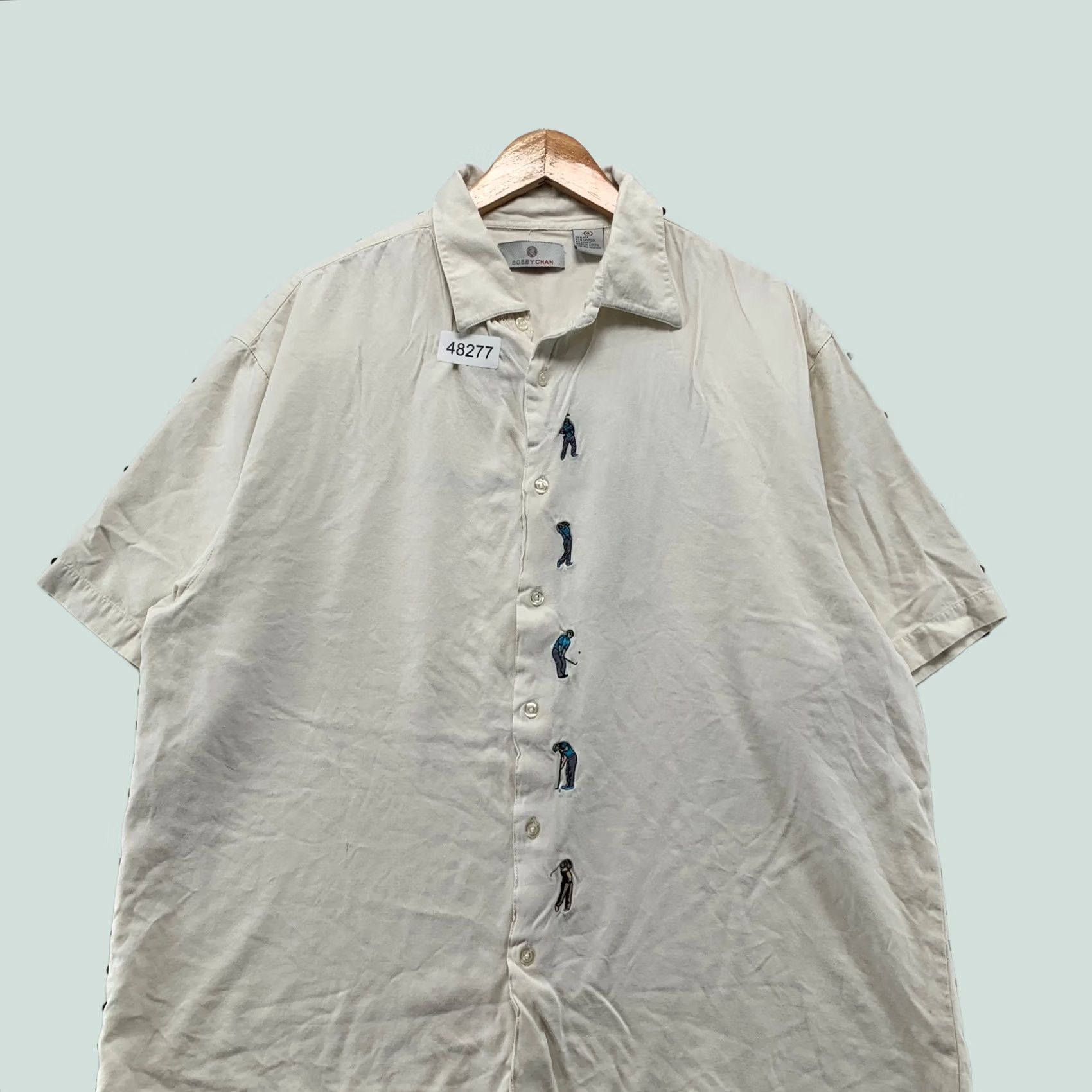 Vintage Bobby Chan Silk Blend Button Shirt Mens XL Cream Embroidered Golf Golfer Bamboo Shirt Size US XL / EU 56 / 4 - 1 Thumbnail