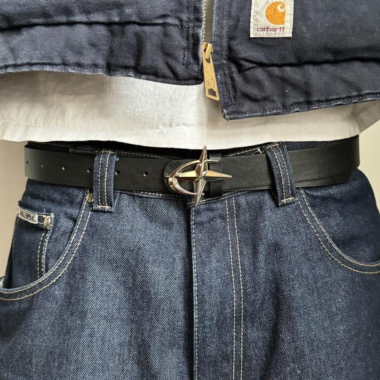 Japanese Brand y2k style chrome star emblem black and silver slim belt Size ONE SIZE - 6 Thumbnail
