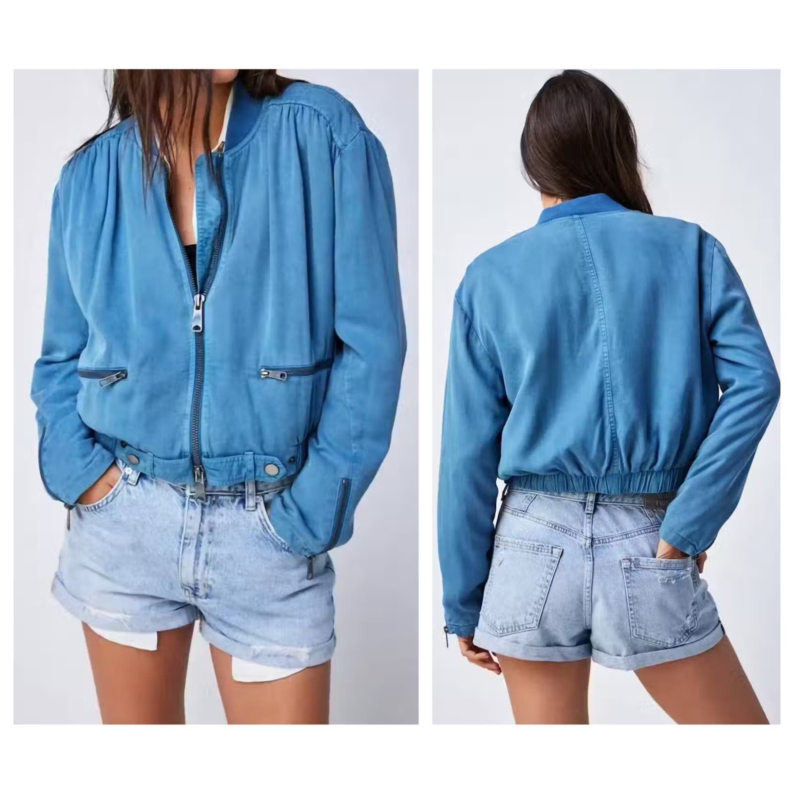 image of Free People Knock Out Siren Bomber Jacket Size Small in Blue, Women's