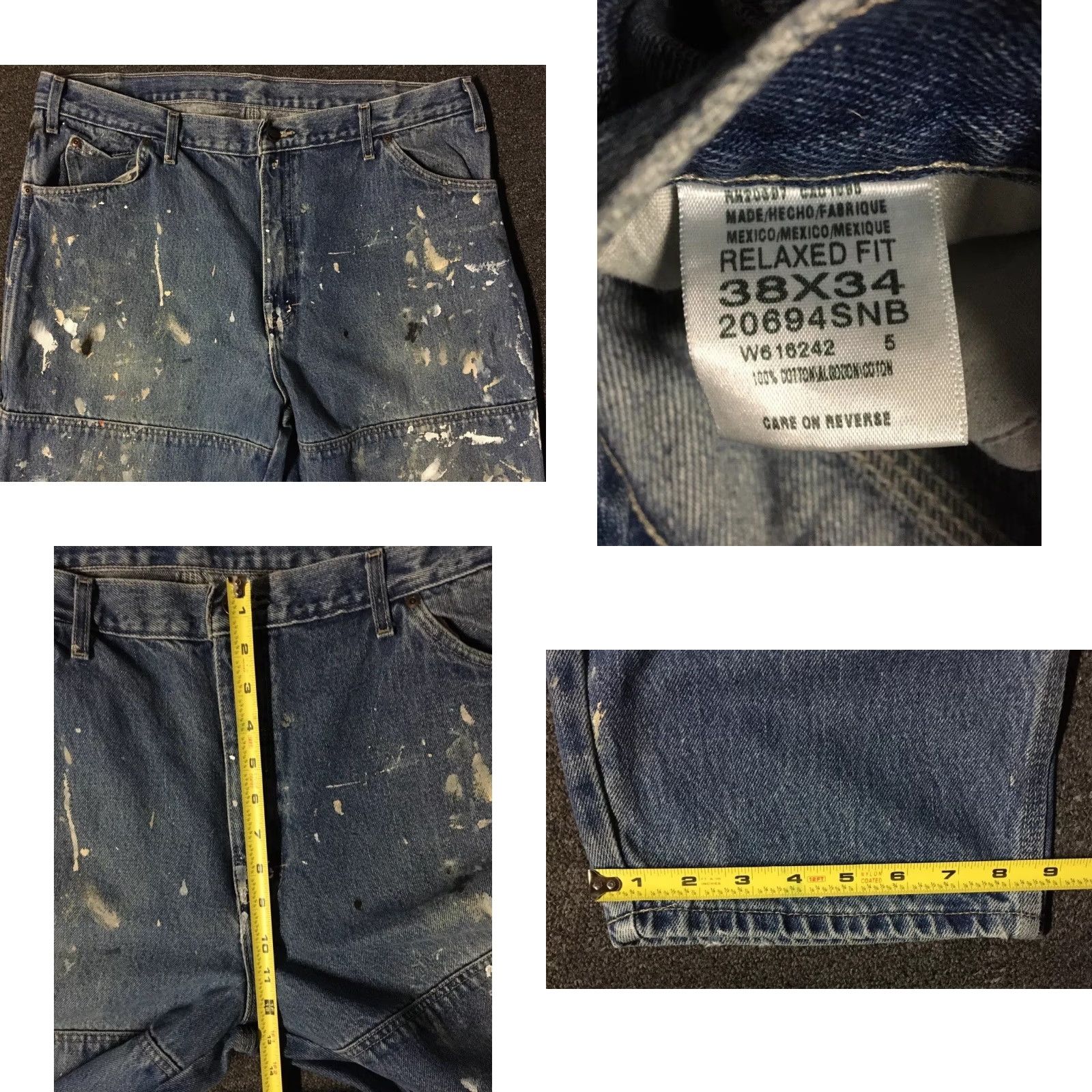 Dickies VINTAGE Dickies Thrashed Faded Distressed Double Knee Paint Jeans 38 Blue Denim Mens Jeans 90s Grunge Biker Work Trucker Destroyed Painted Splatter Size US 38 / EU 54 - 8 Thumbnail