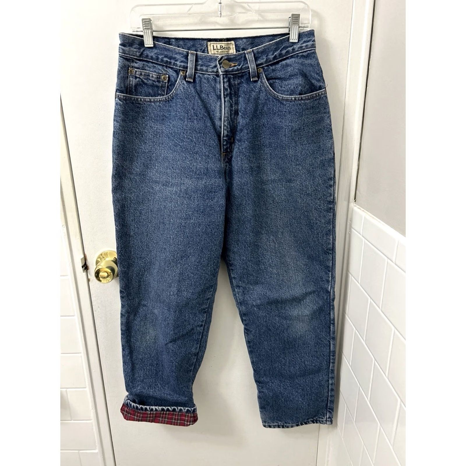 Vintage LL Bean Jeans Womens 12x27 Medium Wash Relaxed Fit Denim Flannel Lined 5-Pocket High Rise Cuffed 27 Inseam Blue Plaid Autumn Winter Size 34" / US 12 / IT 48 - 2 Thumbnail