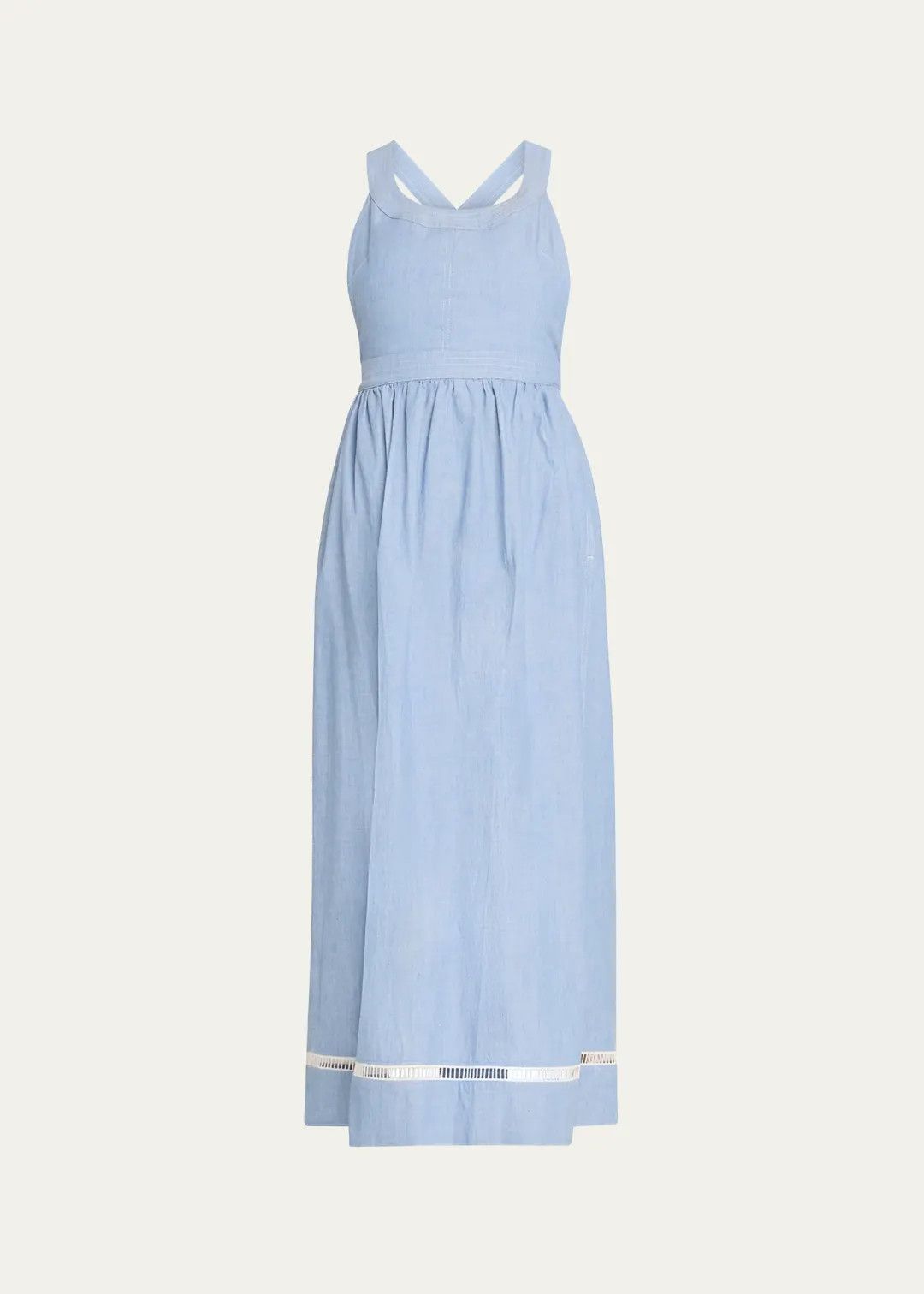 o1loc1c10425 Chambray Cross-Back Ladder Lace Midi Dress