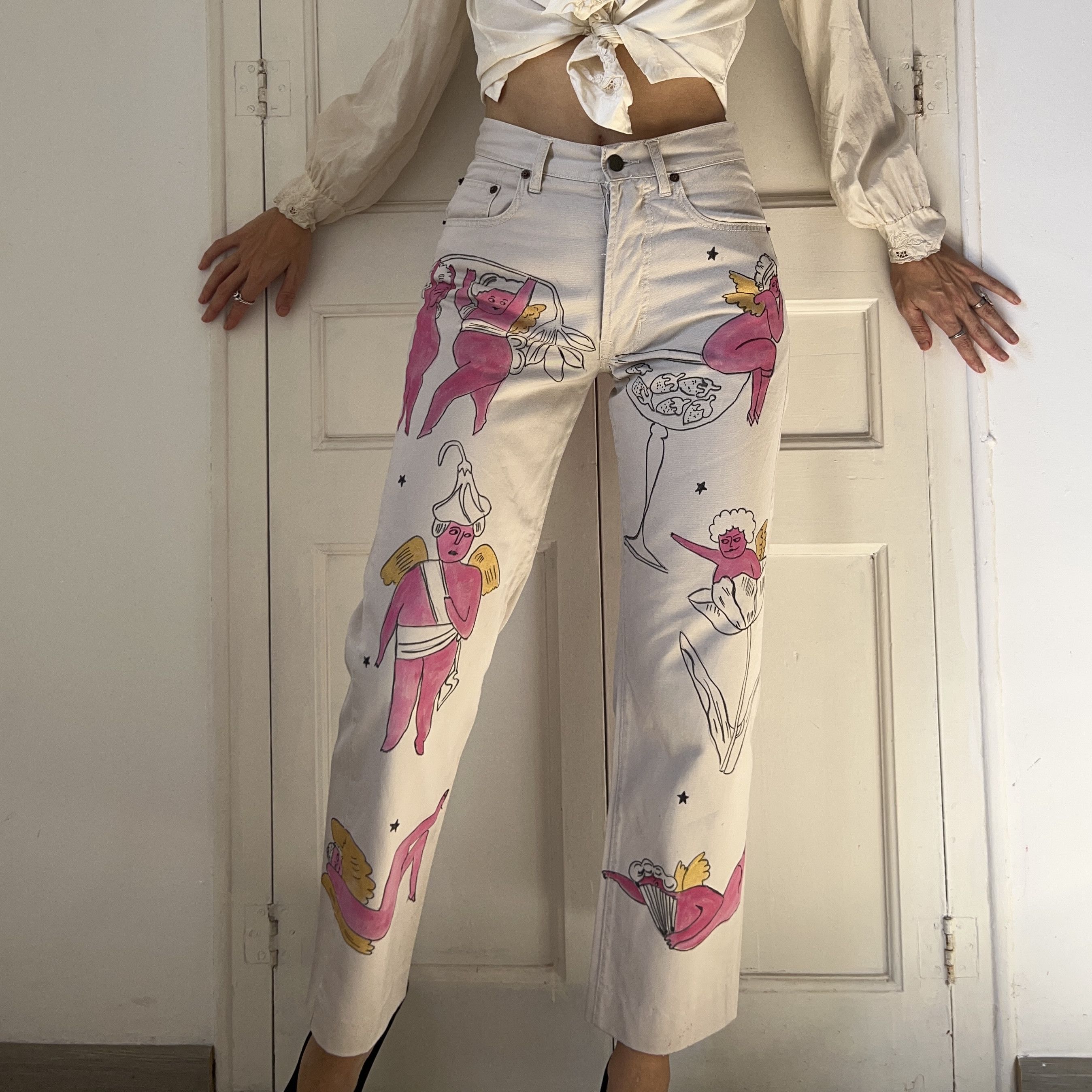 Custommade Hand-Painted Angels Cotton Trousers Size 30" / US 8 / IT 44 - 4 Thumbnail