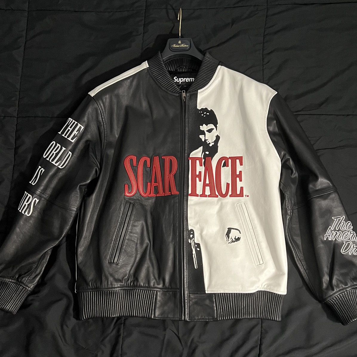 image of Supreme Scarface Embroidered Leather Jacket in Black, Men's (Size Large)