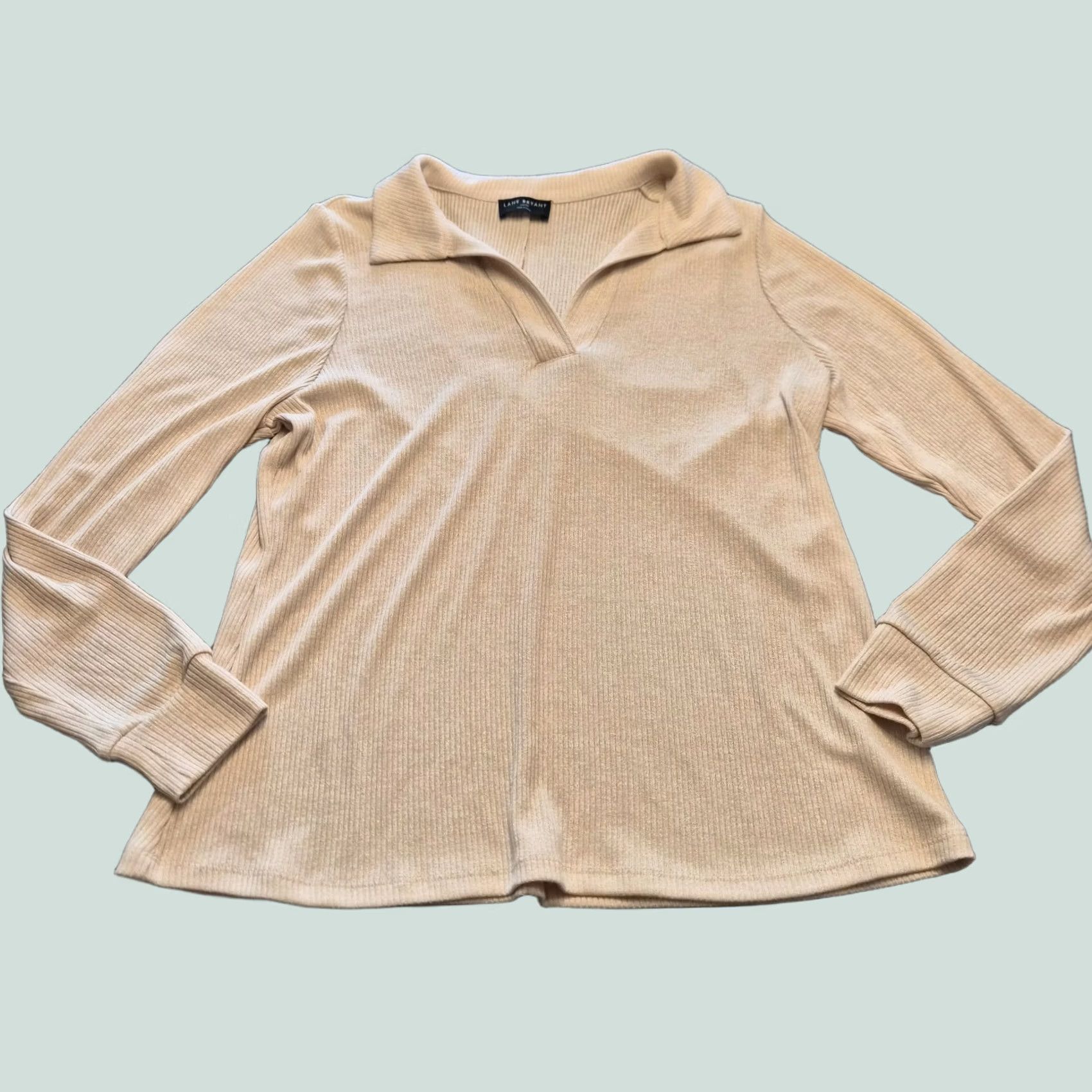 Vintage Lane Bryant Womens Blouse Long Sleeve Size 14 Ivory Ribbed Collared Pullover Knit Solid G106 Size XL / US 12-14 / IT 48-50 - 1 Thumbnail
