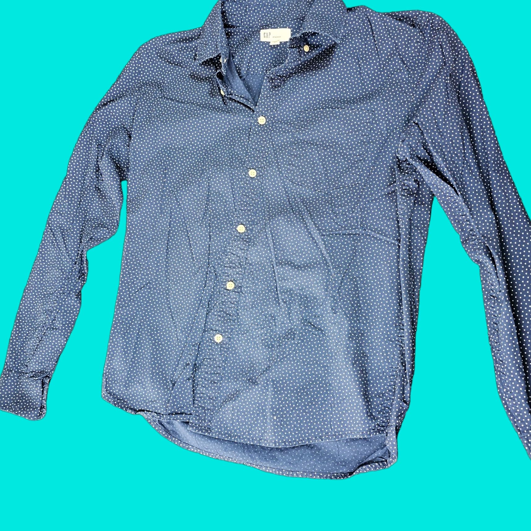 Gap Gap Button-Up Shirt Men M Navy Polka Dot Chest Pocket Long Sleeve Regular 100% Cotton Vintage No Size US M / EU 48-50 / 2 - 1 Thumbnail