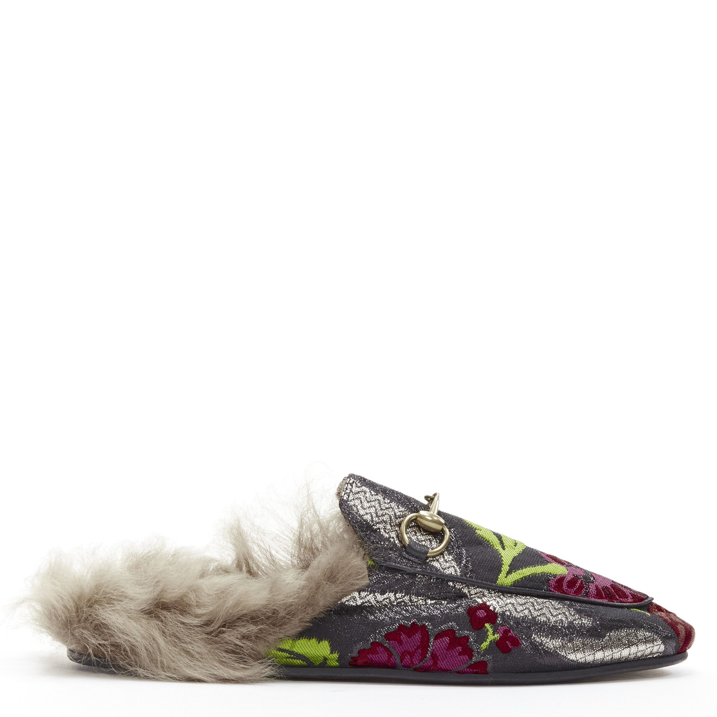 GUCCI Alessandro Michele Princetown floral jacquard fur lined loafer EU36