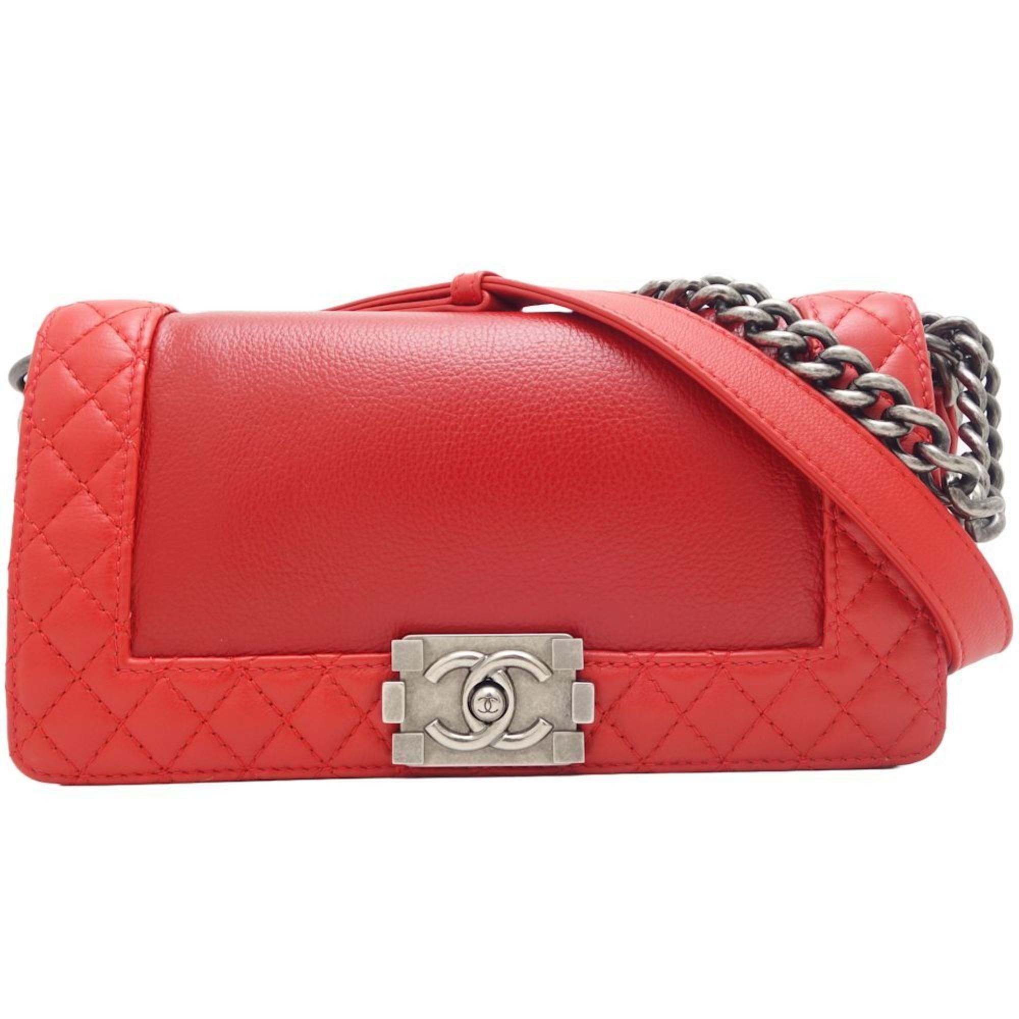 image of Chanel Boy Chanel Chain Shoulder Crossbody Bag Lambskin Red 450070 in Red Color, Women's