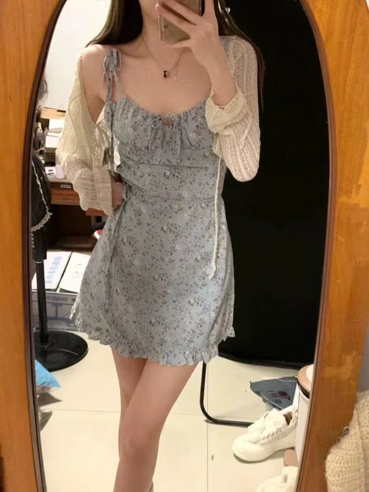 image of Vintage Sweet Floral Camisole Dress With Straps in Blue, Women's (Size Medium)