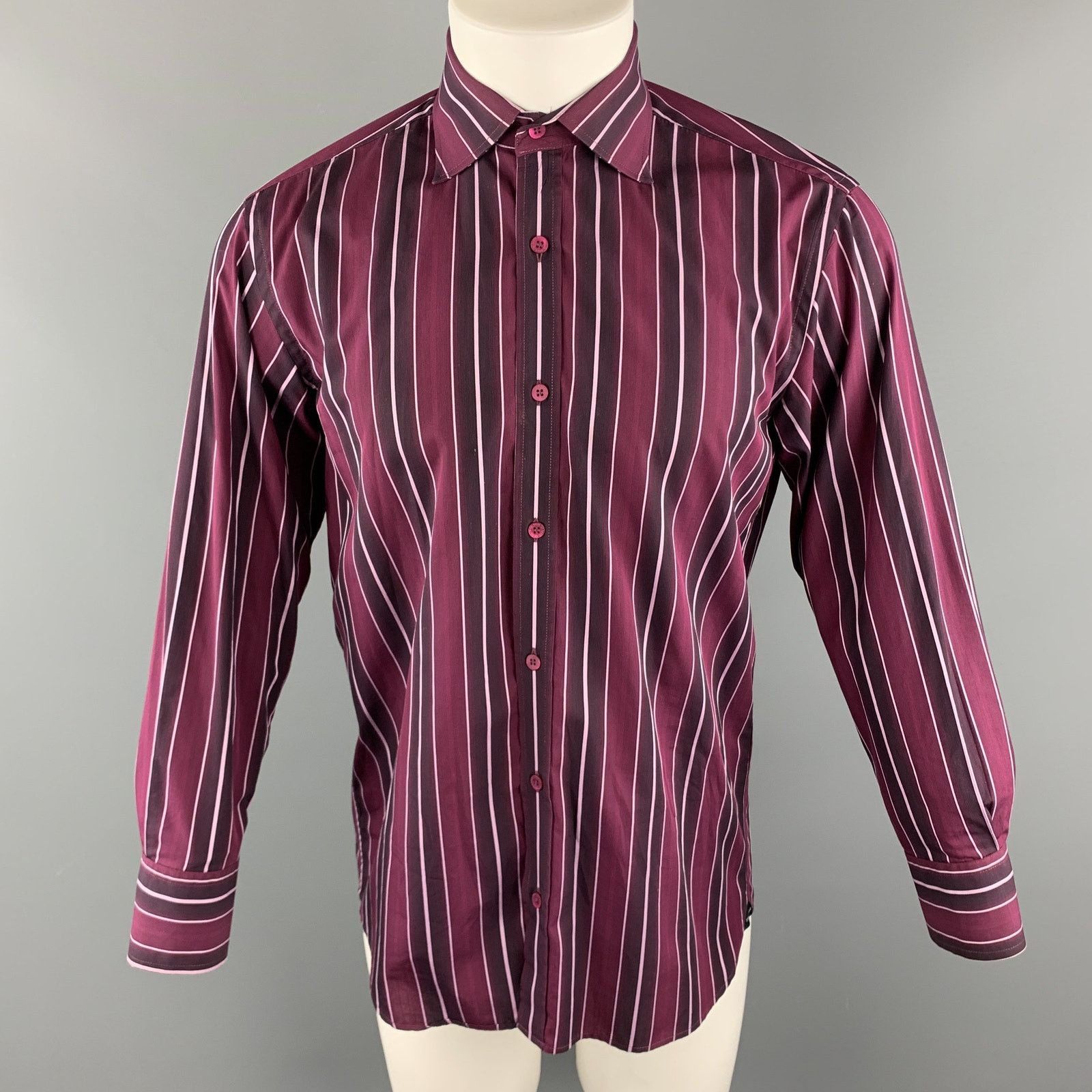 Ted Baker M Burgundy Stripe Cotton Spread Collar Button Up Long Sleeve Size US M / EU 48-50 / 2 - 1 Thumbnail