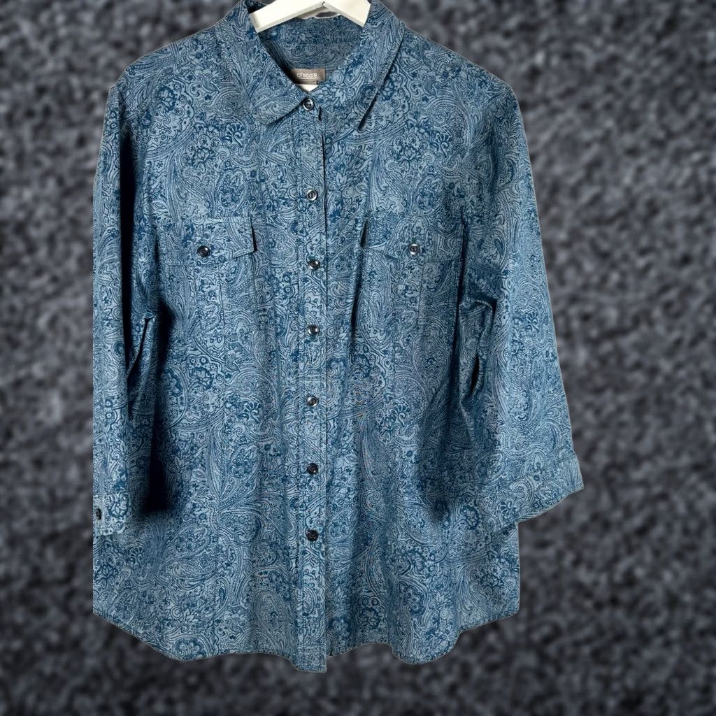 Vintage Chico's Womens Blue Paisley Button-Up Shirt Size 3 Cotton 3/4 Sleeve Casual Top Size XS / US 0-2 / IT 36-38 - 1 Thumbnail