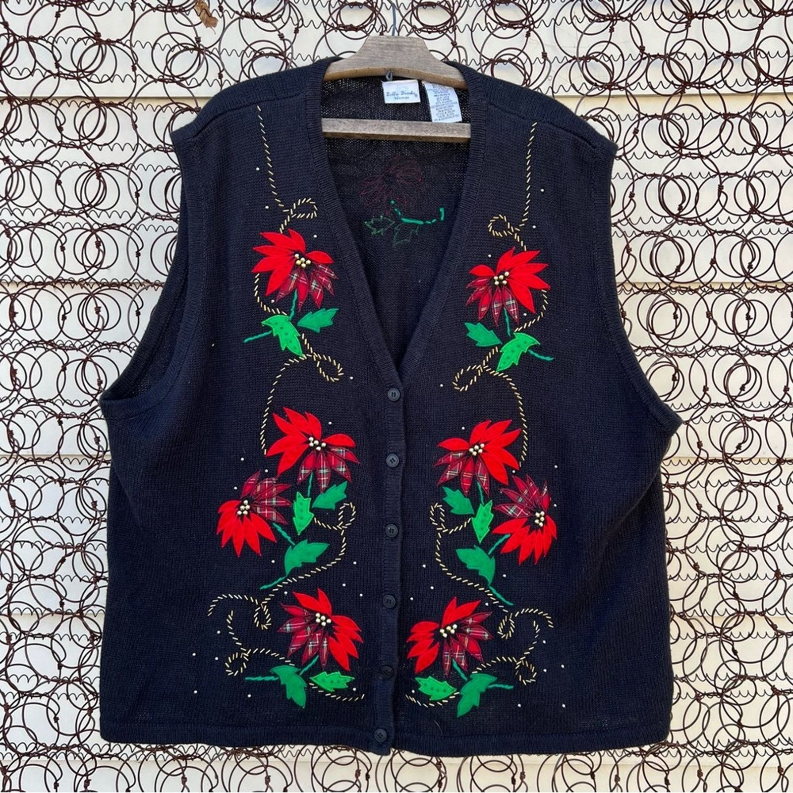 Vint. 90s Y2K appliqué poinsettia beaded sweater vest volup