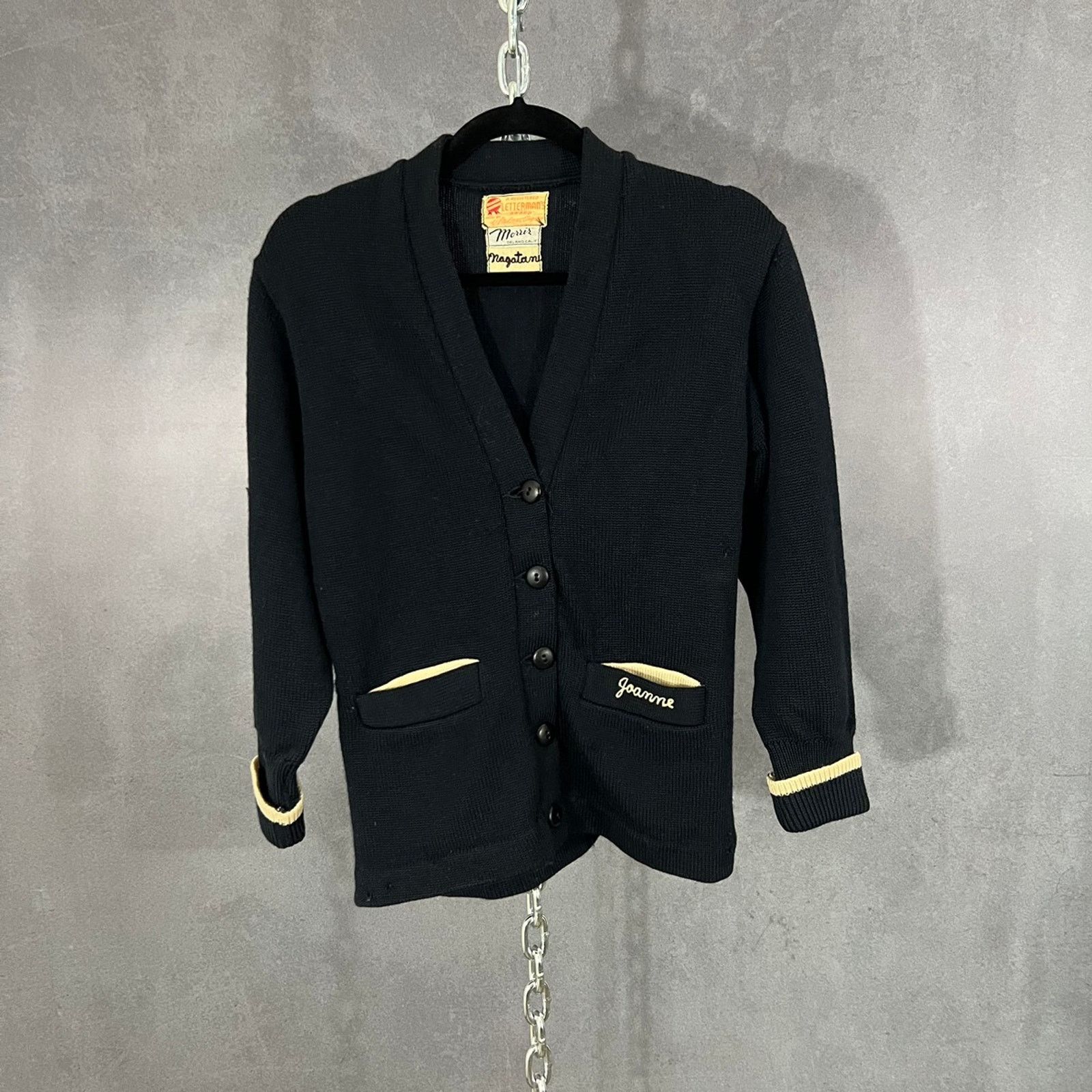 Vintage 40s H.L. Whiting letterman cardigan chain stitch black SM Size US S / EU 44-46 / 1 - 1 Thumbnail