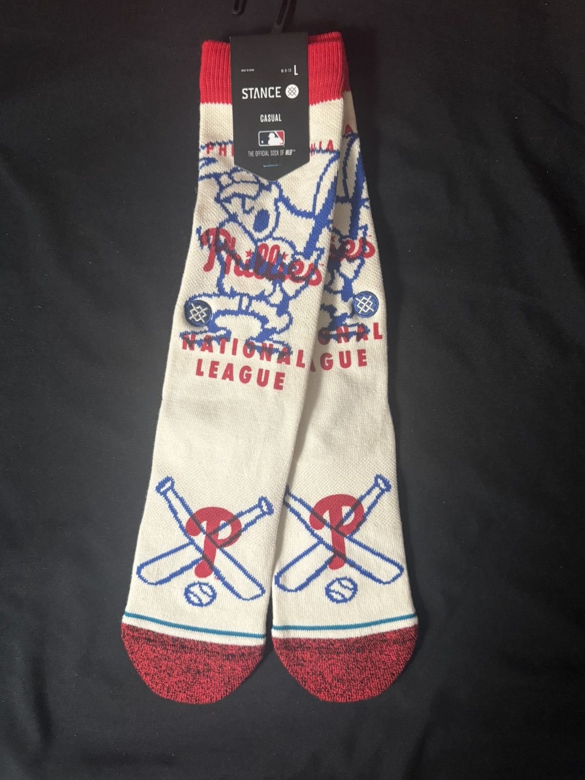 Stance Socks Phillies ‘Hey Batter’ Crew Socks x 3 - Large 9-13 - MLB Size ONE SIZE - 3 Thumbnail