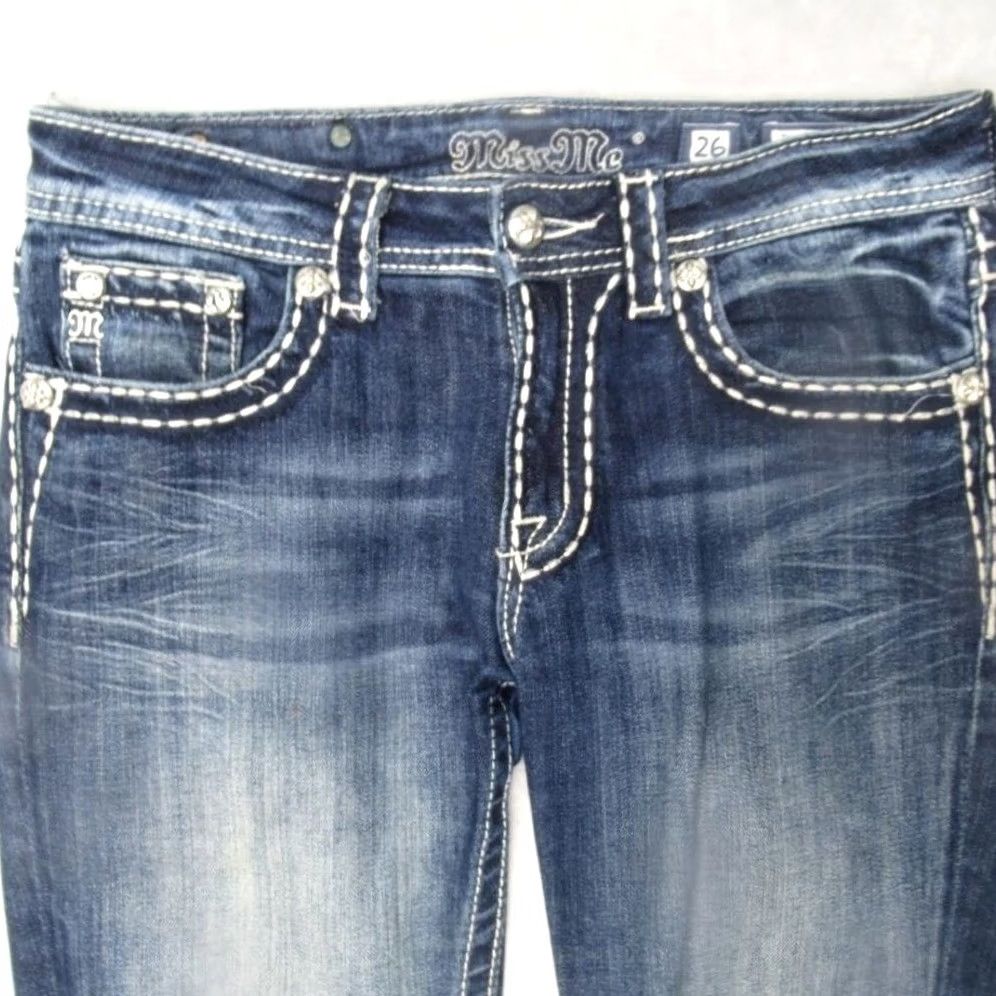 Miss Me VINTAGE Miss Me Jeans Bootcut Womens 26 Inseam 25 Dark Wash Embroidered Rhinestone Logo Pockets Stretch Comfort Denim Jeans Women Size 26" / US 2 / IT 38 - 2 Thumbnail