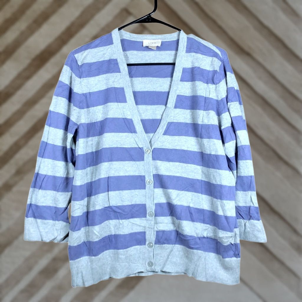 Loft Loft Cardigan Sweater Gray Purple Stripe Button Down XL Women's Knit V-Neck Casual Workwear Size XL / US 12-14 / IT 48-50 - 1 Thumbnail
