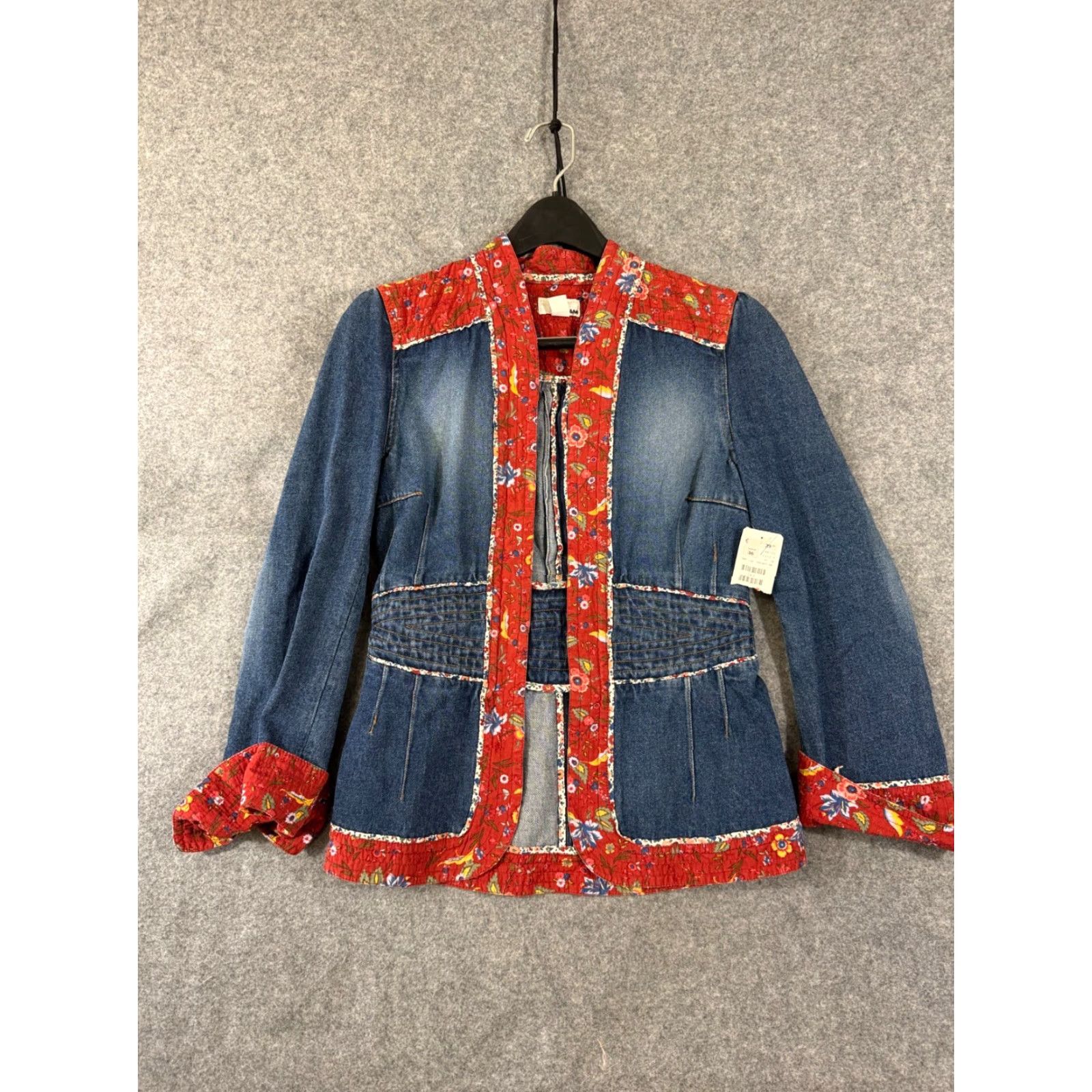H&M H&M Jacket Womens 6 Blue Denim Floral Quilted Trim Boho Festival Hippie Peplum Open Front NWT Jacket Size M / US 6-8 / IT 42-44 - 3 Thumbnail
