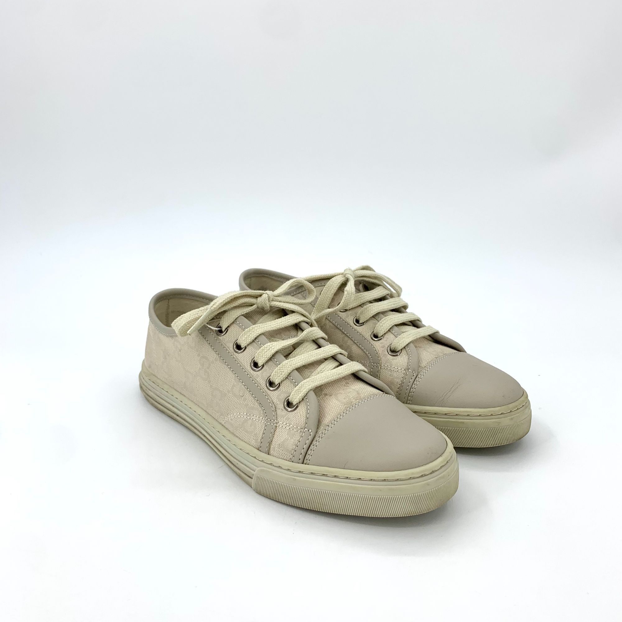 Gucci Gucci Beige Leather & Canvas Lace-Up Sneakers Size US 7 / IT 37 - 2 Thumbnail