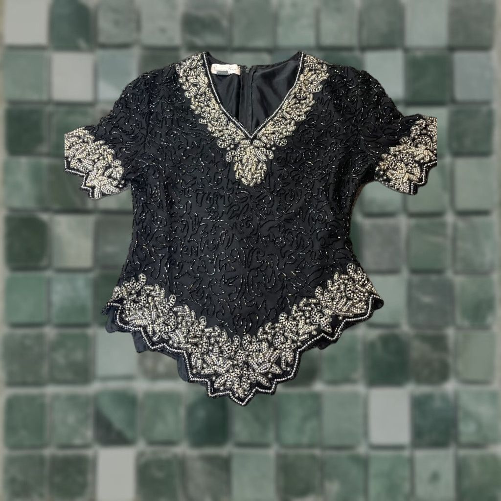 Vintage VINTAGE Laurence Kazar Blouse Womens Large L Black Silk Beaded Top Size L / US 10 / IT 46 - 1 Thumbnail