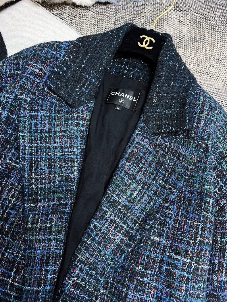 Chanel Chanel 22S Blue Tweed Check Mid-Length Coat Size M / US 6-8 / IT 42-44 - 3 Thumbnail