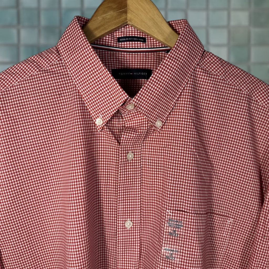 Tommy Hilfiger **Tommy Hilfiger Men's Regular Fit Red Gingham Dress Shirt 18** User: **Tommy Hilfiger Men's Red Gingham Regular Fit Dress Shirt 18** Size 48R - 1 Thumbnail