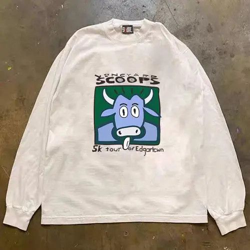 Washed retro casual cow print long sleeve t-shirt