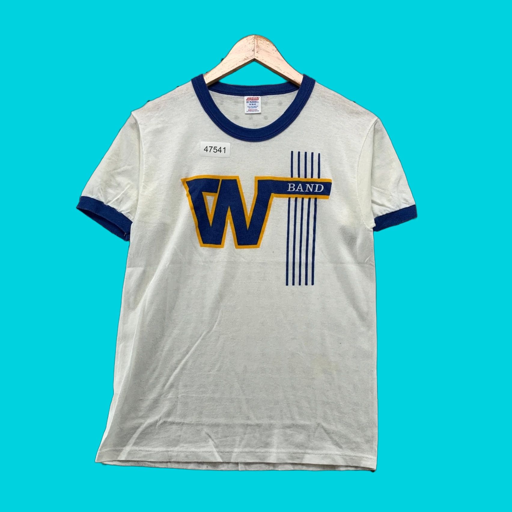 Vintage VINTAGE Russell T Shirt Mens M White Blue Ringer 70s 80s USA Short Sleeve Crew Neck Cotton Graphic Print User: T Shirt Size US M / EU 48-50 / 2 - 1 Thumbnail