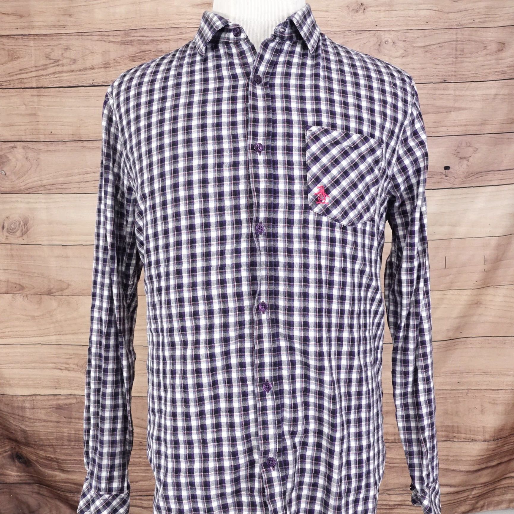 Vintage PENGUIN BY MUNSINGWEAR HERTIAGE SLIM FIT PURPLE PLAID BUTTON UP SHIRT MENS XL Size US XL / EU 56 / 4 - 3 Thumbnail