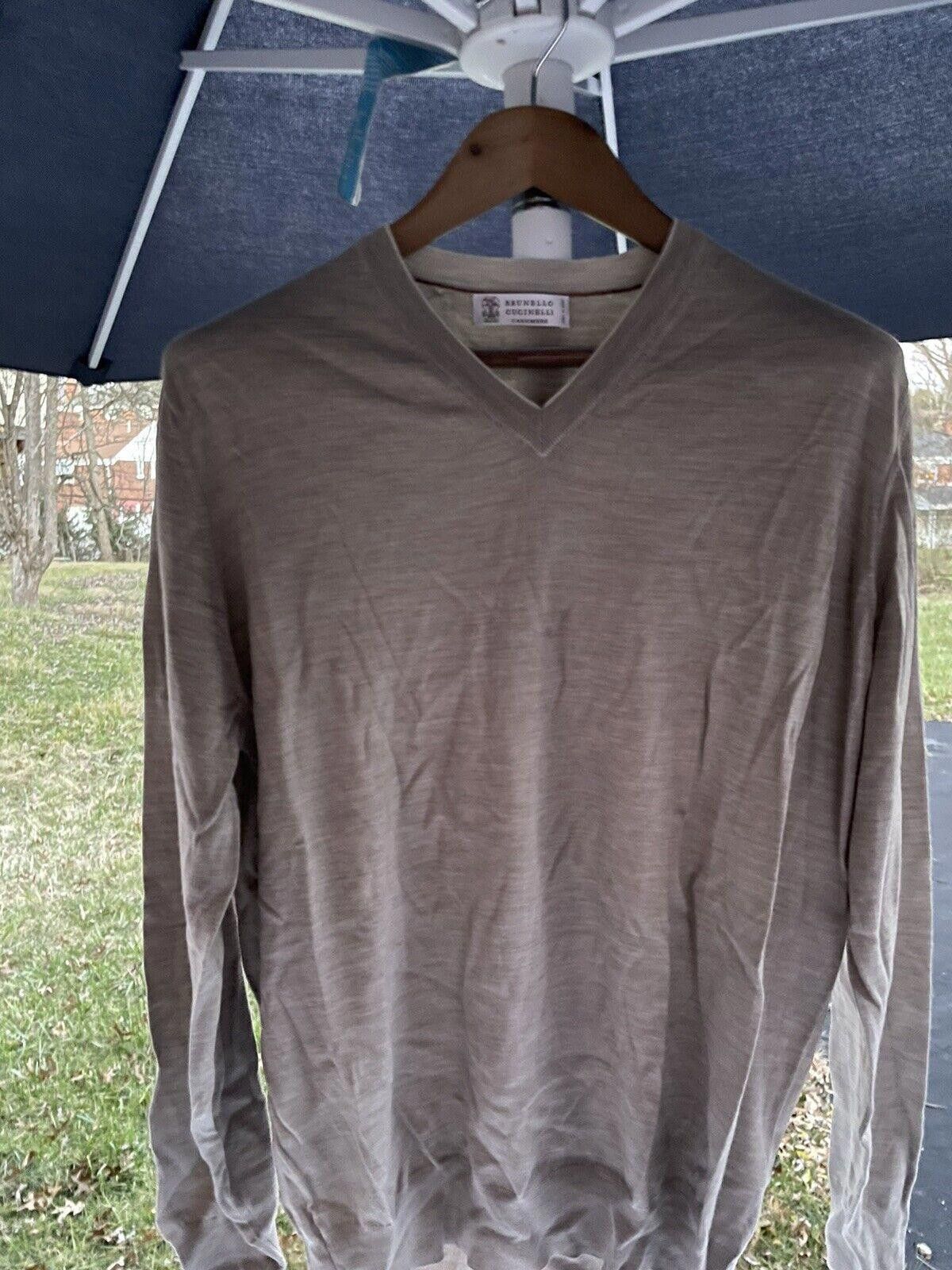 Brunello Cucinelli Wool Cashmere Blend Taupe V Neck 56/xl
