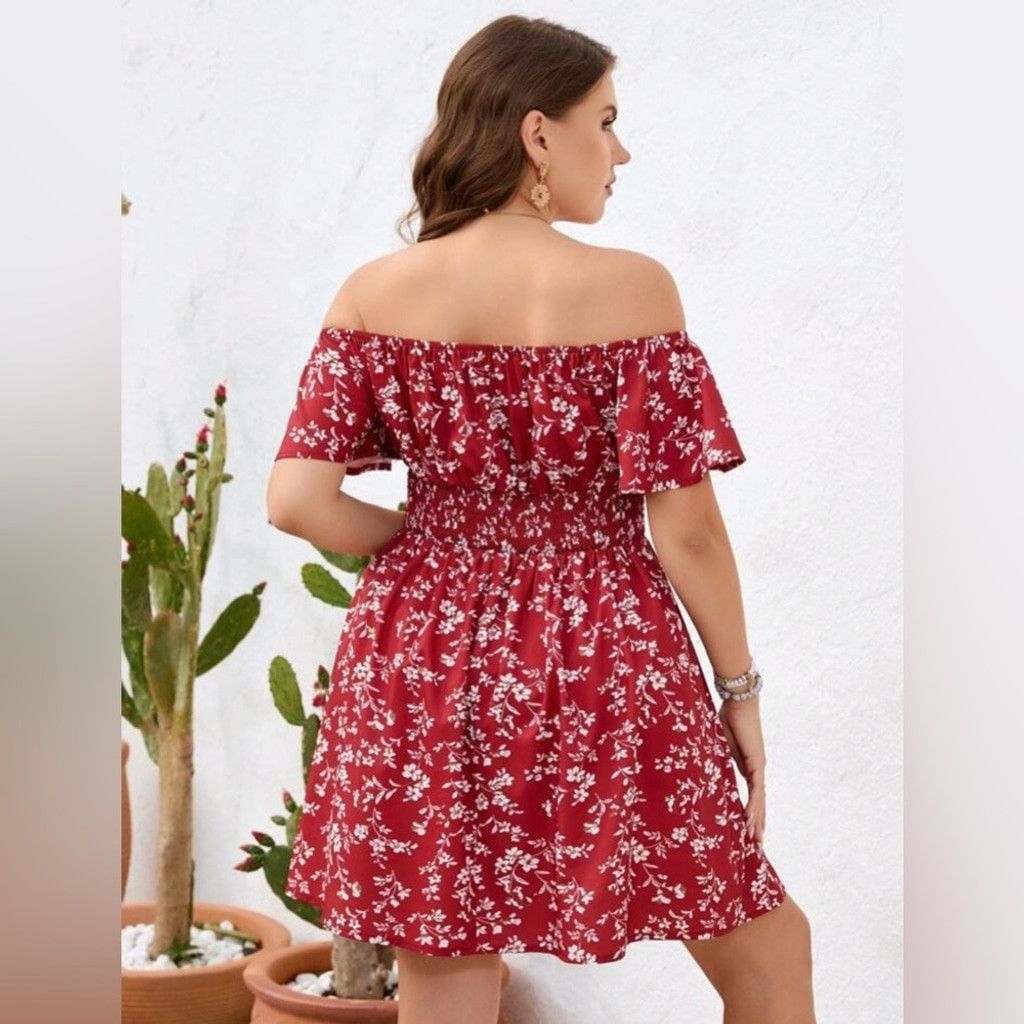 The Unbranded Brand Red and White Off-Shoulder Flutter Sleeve Strapless Dress Size L / US 10 / IT 46 - 2 Thumbnail