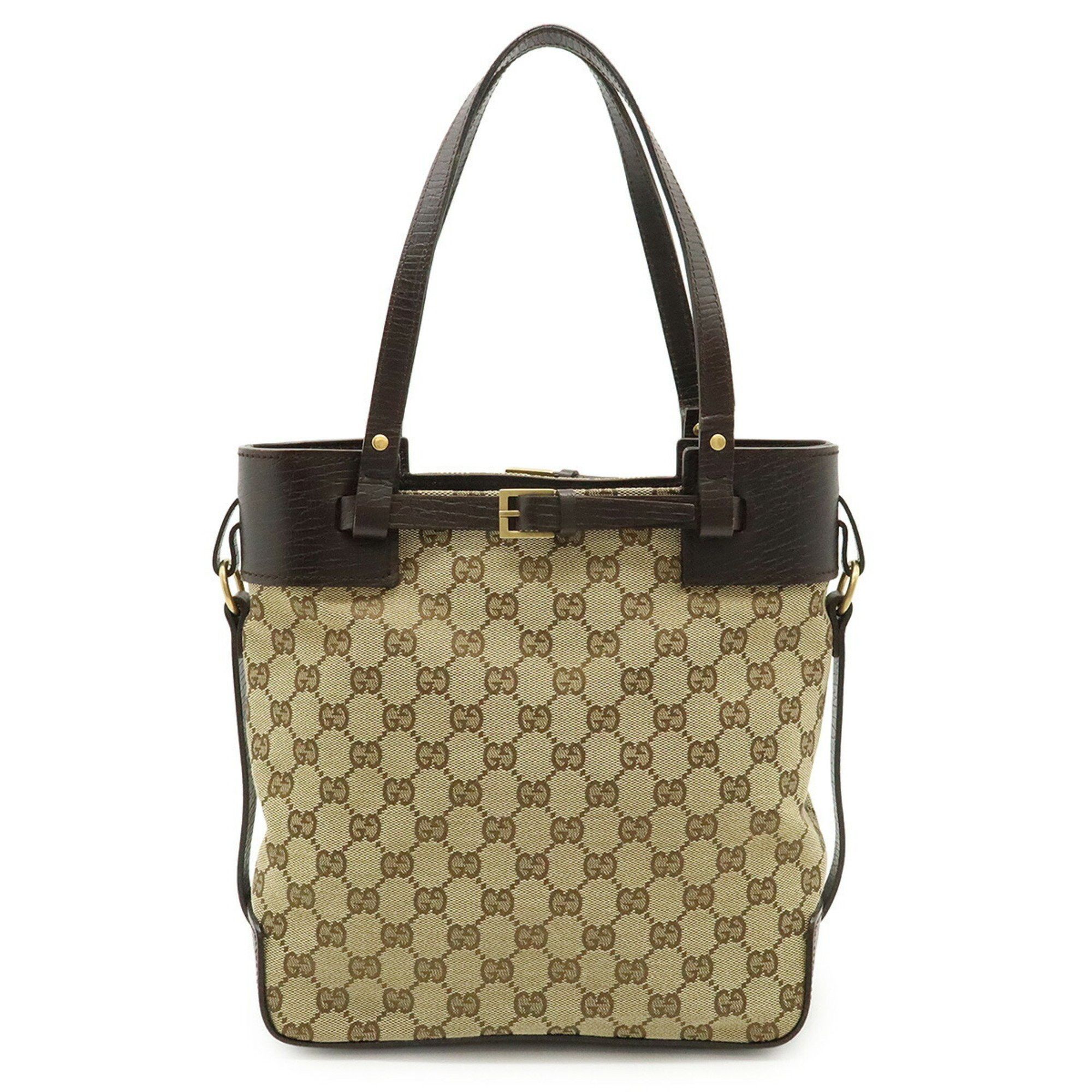 Gucci GG Canvas Tote Bag, Handbag, Shoulder Leather, Beige, Dark Brown, Brown 107757, Women's