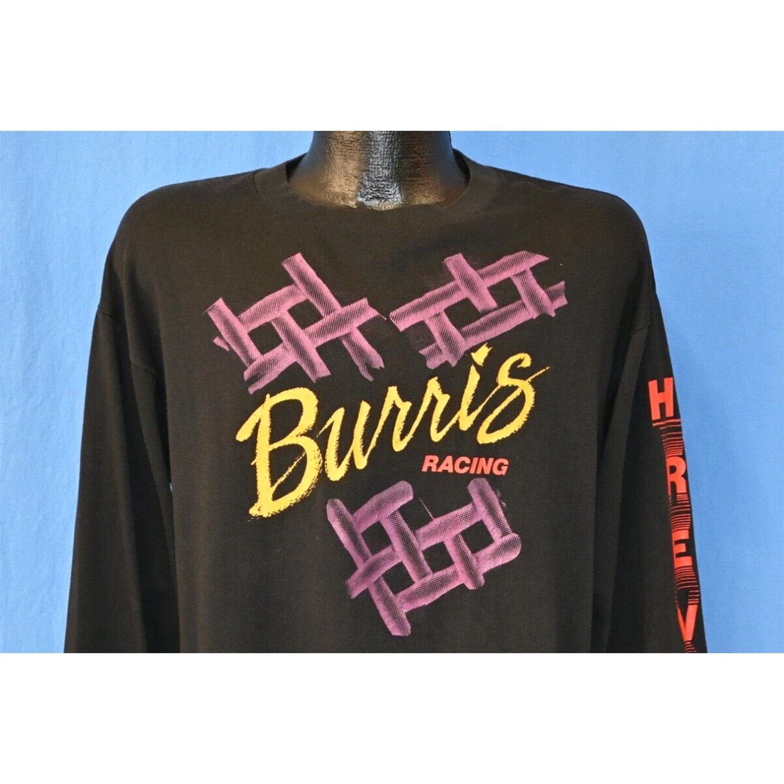 Image of Vintage 80's Burris Racing California Karts Tires Hi Rev Oil Long sleeve Black T-Shirt XL in White