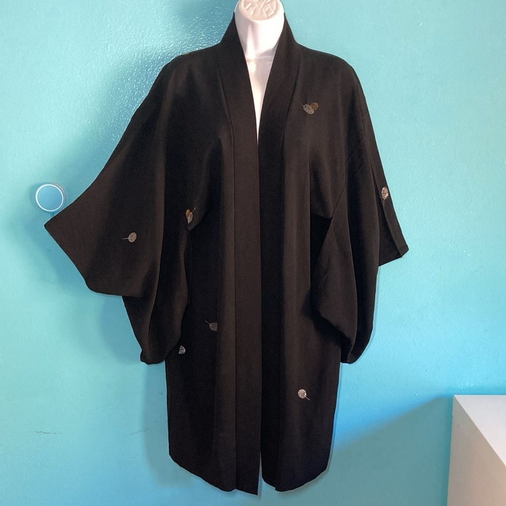 Handmade Japanese Style Black Kimono with Silver & Gold Embroidery- O Size ONE SIZE - 1 Thumbnail