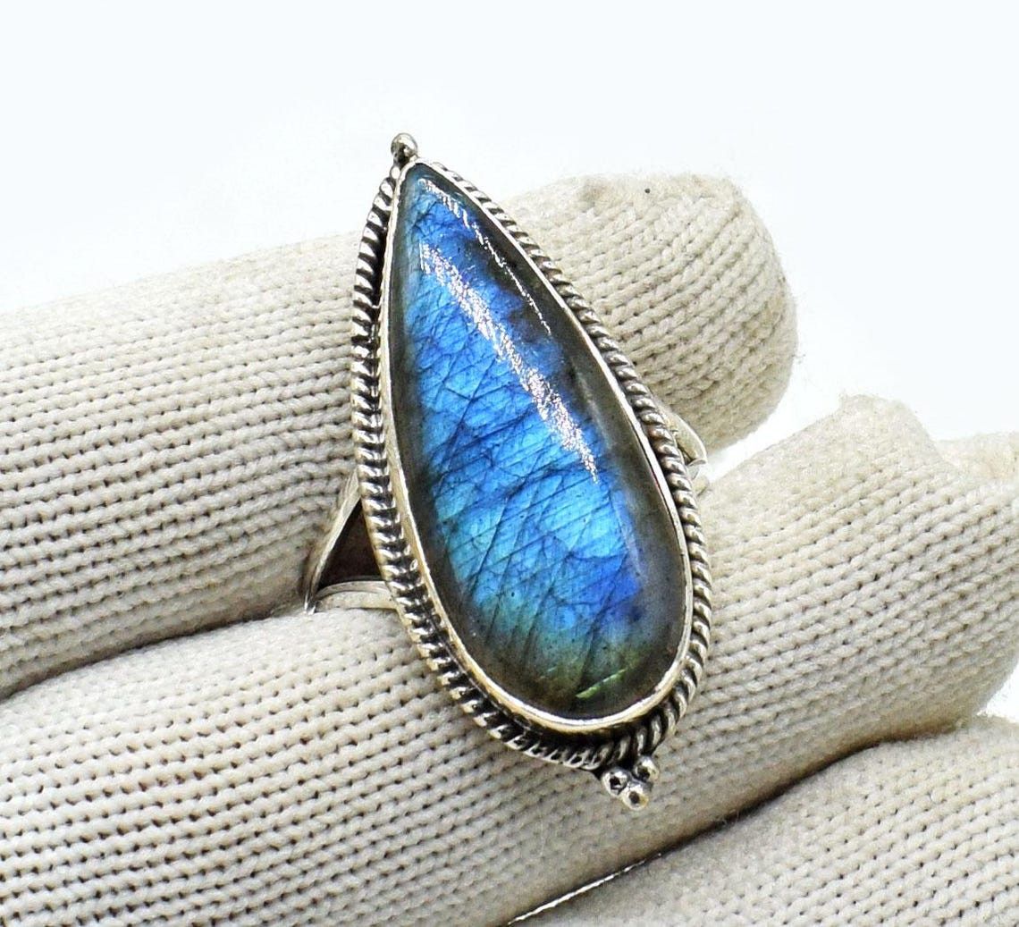 Handmade Pear Labradorite 925 Silver Ring: Handmade Wedding Jewelry Size ONE SIZE - 3 Thumbnail
