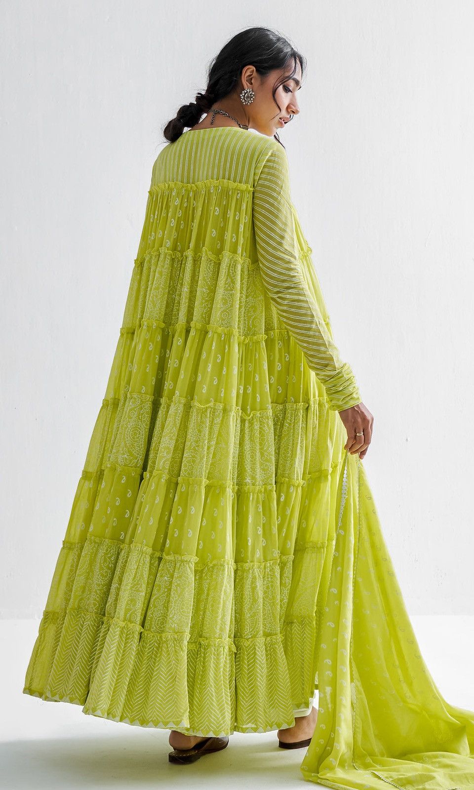 Other Firdaus Khari Lime Green Printed Tiered Anarkali - Set Of 3 Size L / US 10 / IT 46 - 2 Thumbnail