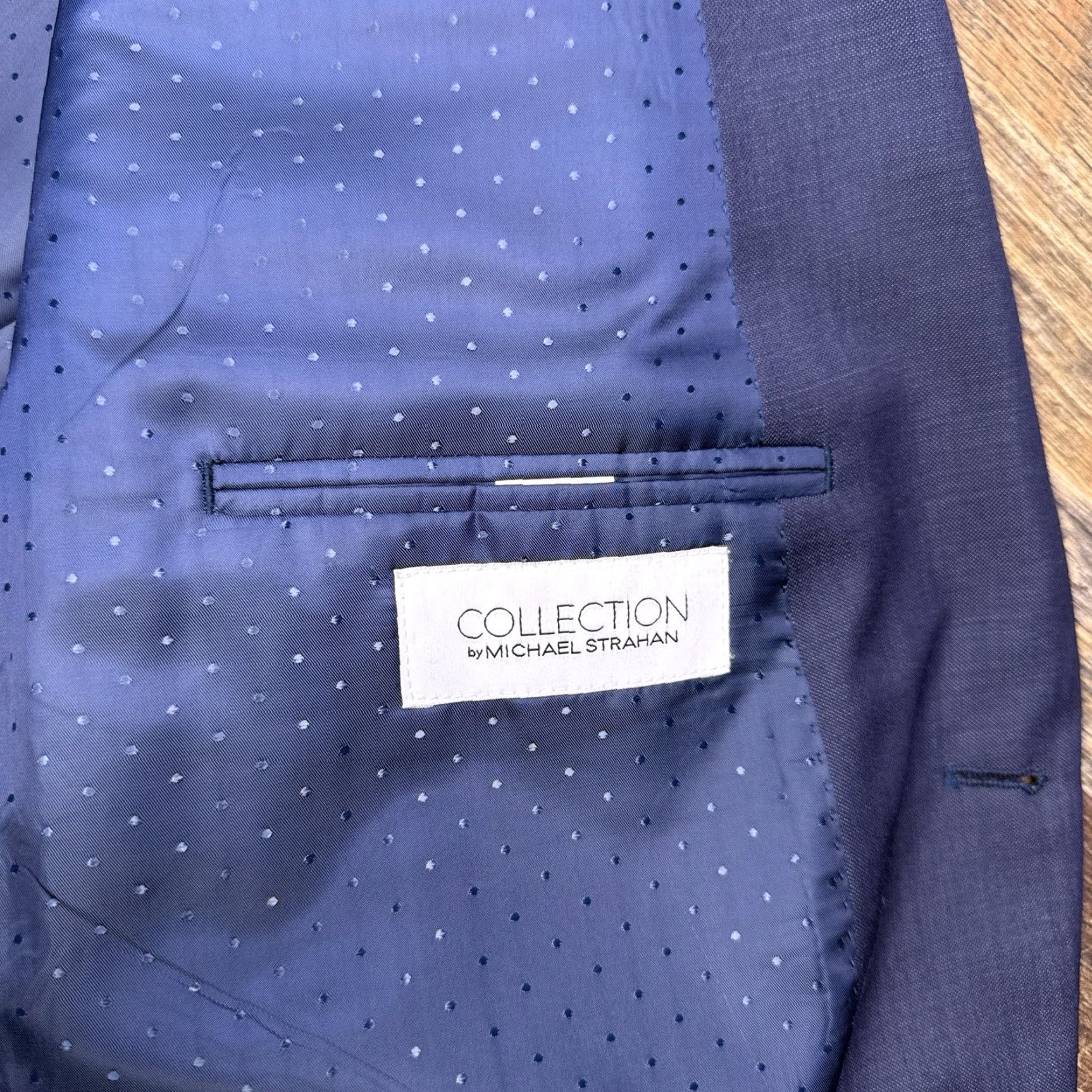 Vintage Michael Strahan Suit Jacket Blazer 50R Blue Wool Blend Men's Regular Notch Lapel Four-Button Double-Vented Solid Pattern Vintage No N/A Size 50R - 4 Thumbnail