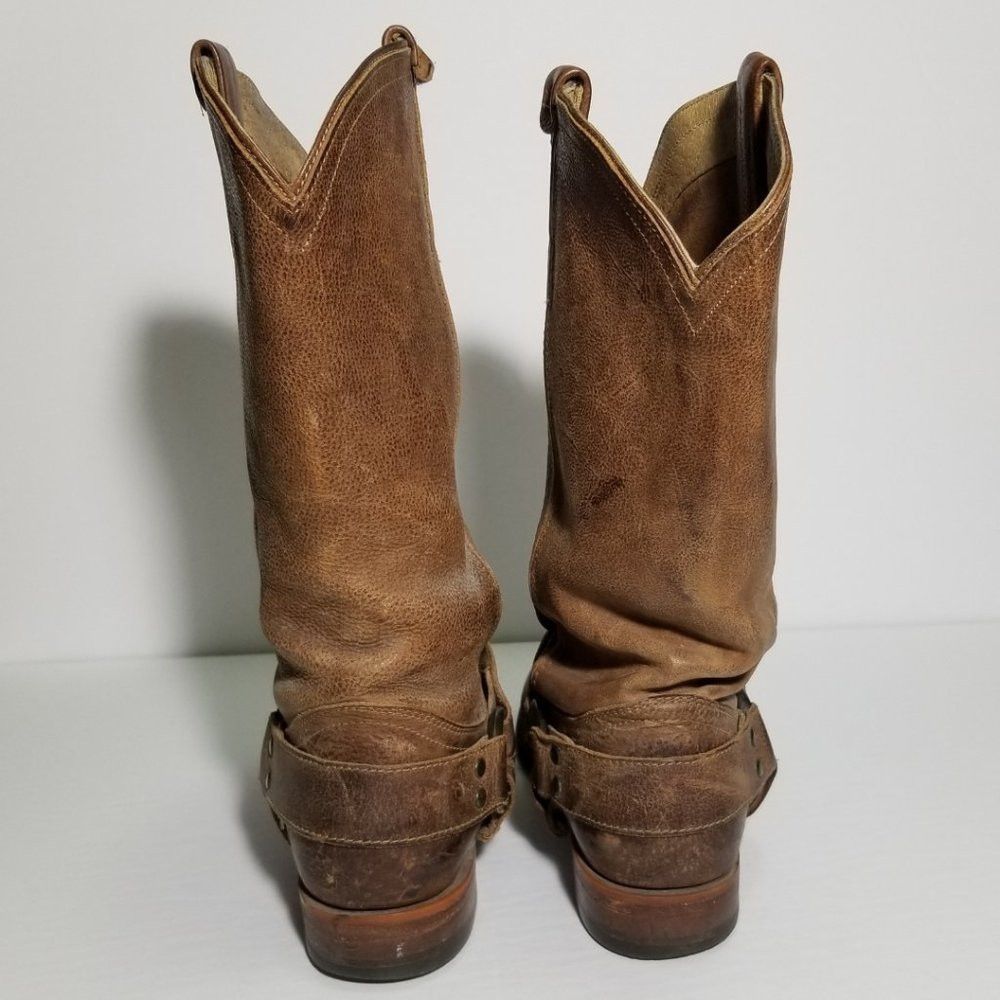 FRYE Brown Leather Wyatt Harness Mid Calf Cowboy Boots