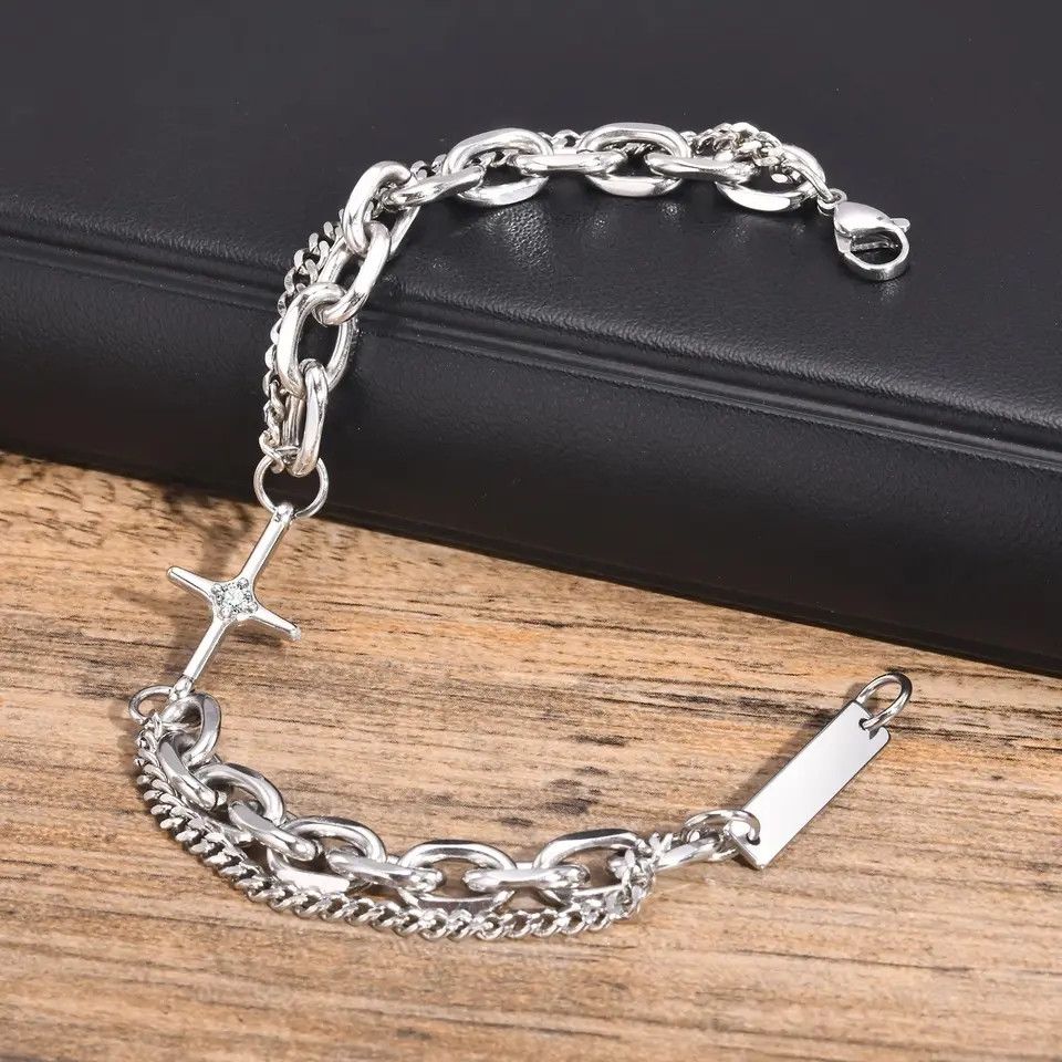 Jewelry Chrome Silver Cross Bracelet Goth God Pendant Chain Size ONE SIZE - 3 Thumbnail