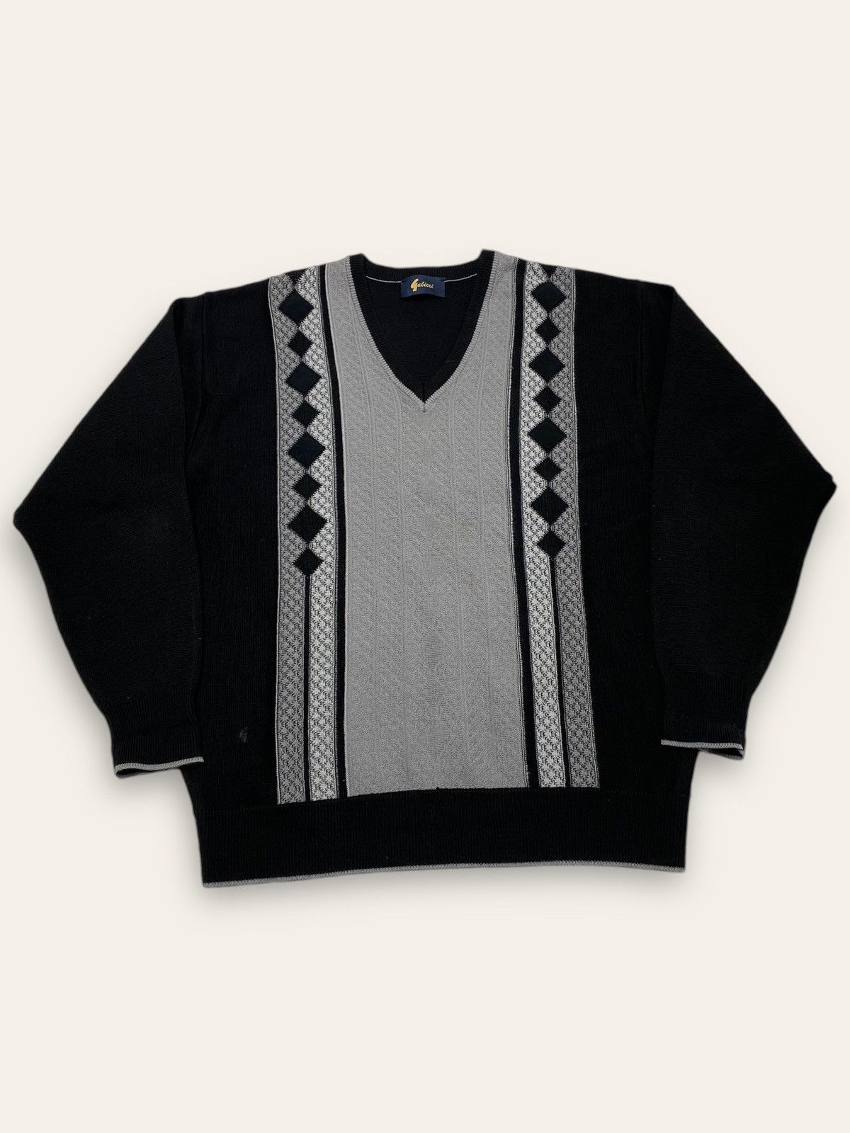 Vintage 90s Vintage GABICCI Warm Wool Black White V Neck Sweater Size US XL / EU 56 / 4 - 1 Thumbnail