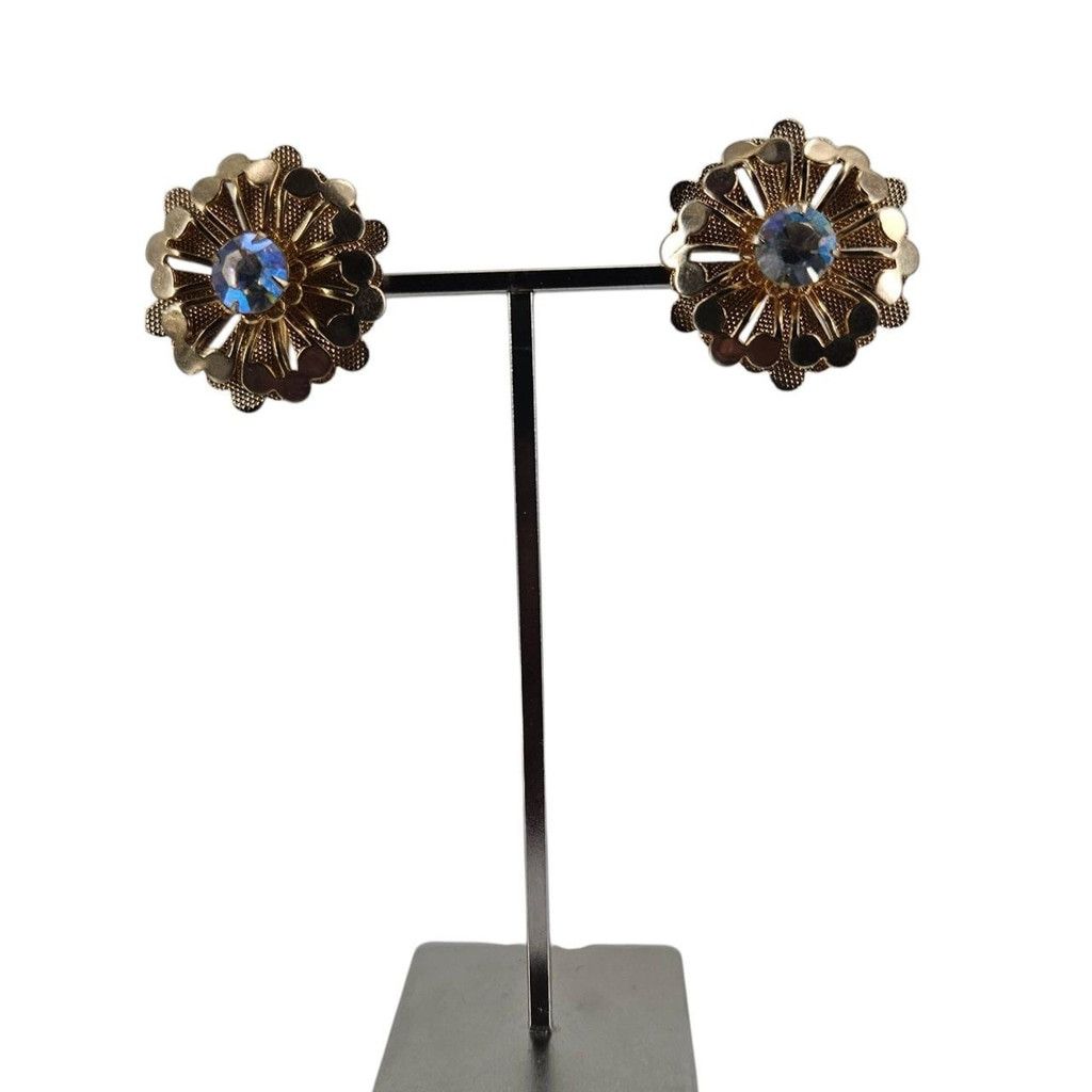 Handmade Vintage Gold Filigree Screw-Back Earrings w/AB Centers Size ONE SIZE - 1 Thumbnail