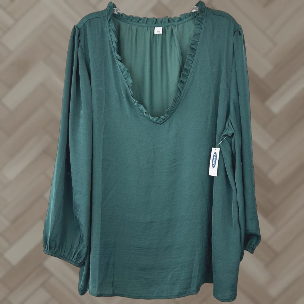 Old Navy Blouse Womens 2Xl Green Solid Ruffle Long Sleeve V-Neck Tunic Casual Workwear Holiday Spring Summer Fall Womens