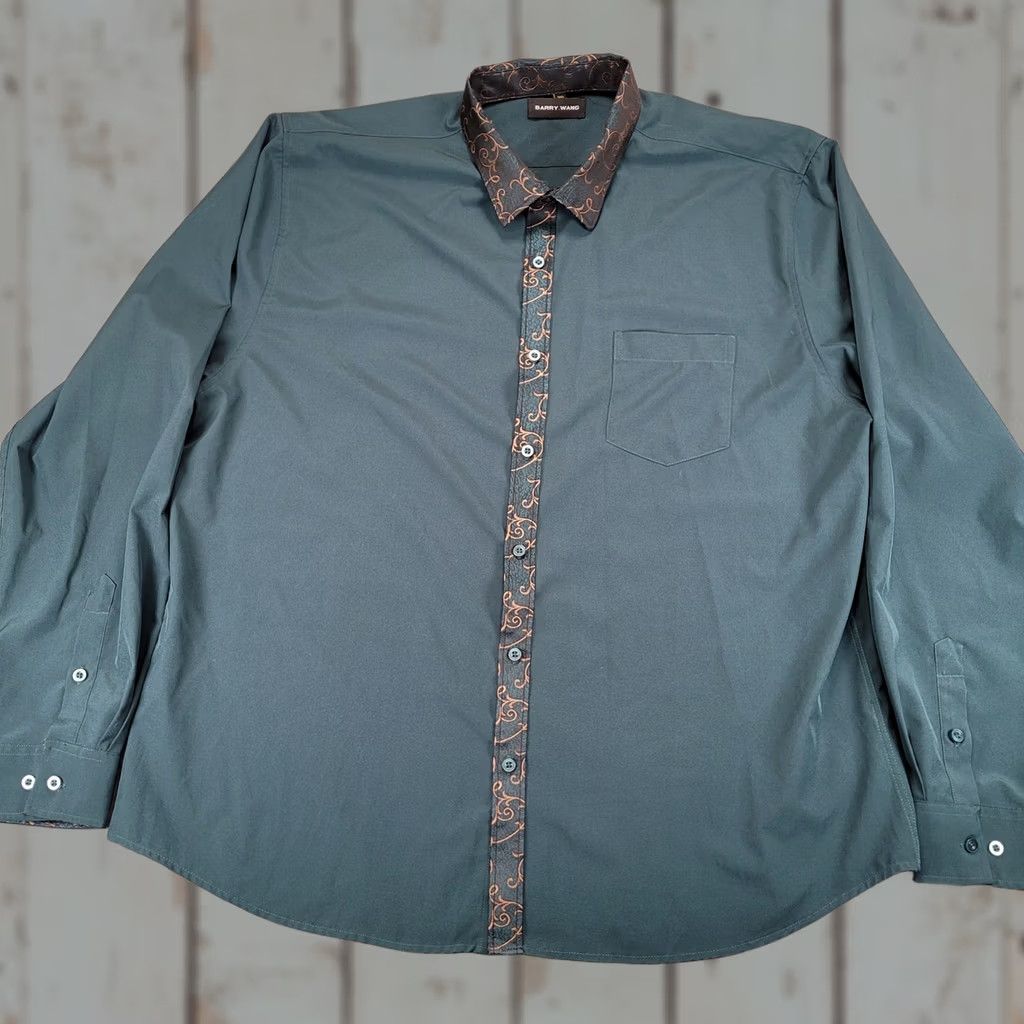 Vintage Barry Wang Mens Dress Shirt Long Sleeve Button Up Flip Cuff Paisley Trim 3XL Green Size 48R - 1 Thumbnail