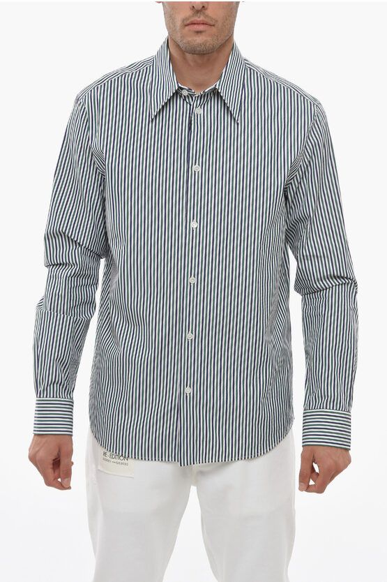 image of Bottega Veneta Awning Stripe Cotton Shirt With Standard Collar in Blue, Men's (Size Medium)